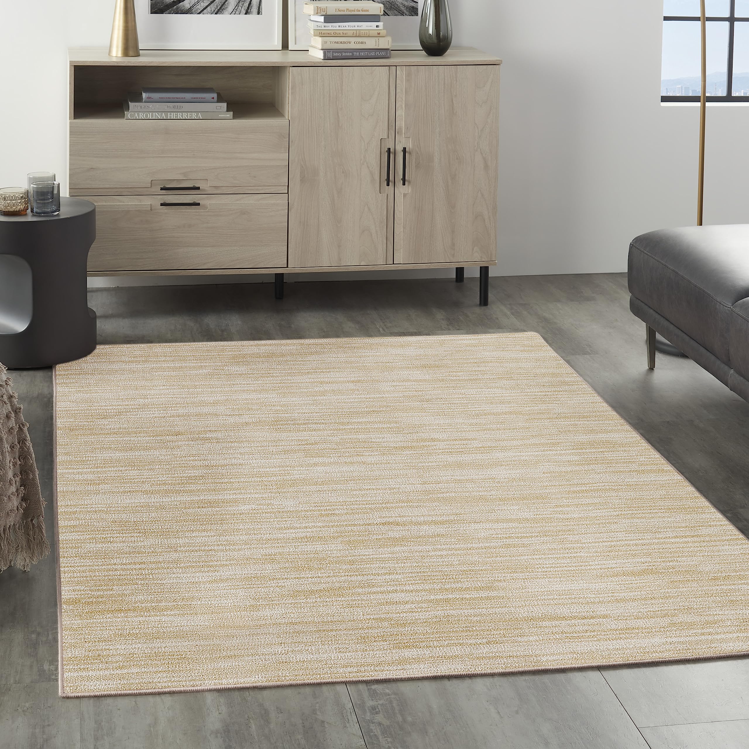 Nourison Essentials Indoor-Outdoor Ivory Gold 4' X 6' Area Rug, Easy Cleaning, Non Shedding, Bed Room, Living Room, Dining Room,