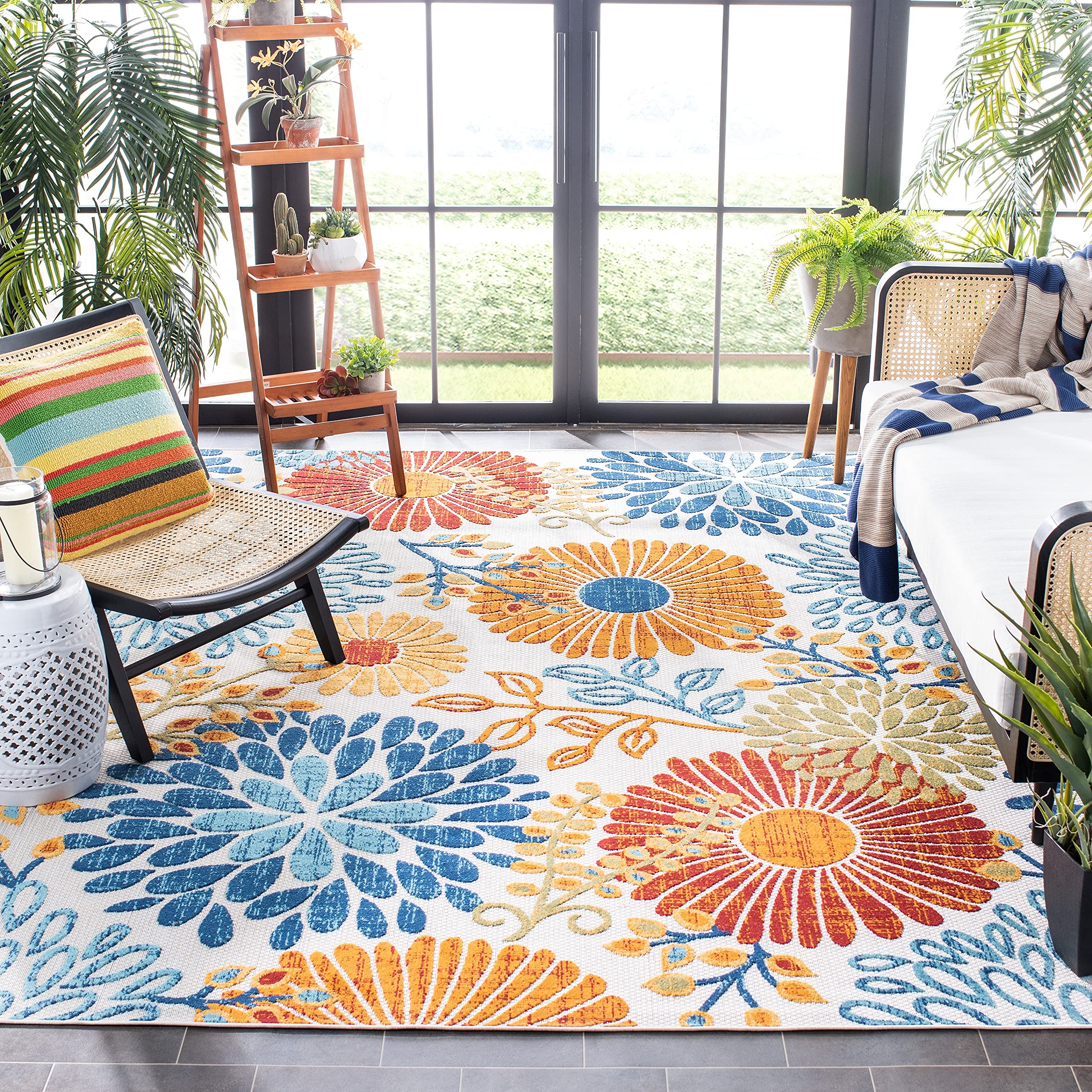 Safavieh Cabana Collection Runner Rug - 2' X 8', Grey & Blue, Floral Design, Non-Shedding & Easy Care, Indoor/Outdoor & Washable-Ideal For Patio, Backyard, Mudroom (Cbn832F)