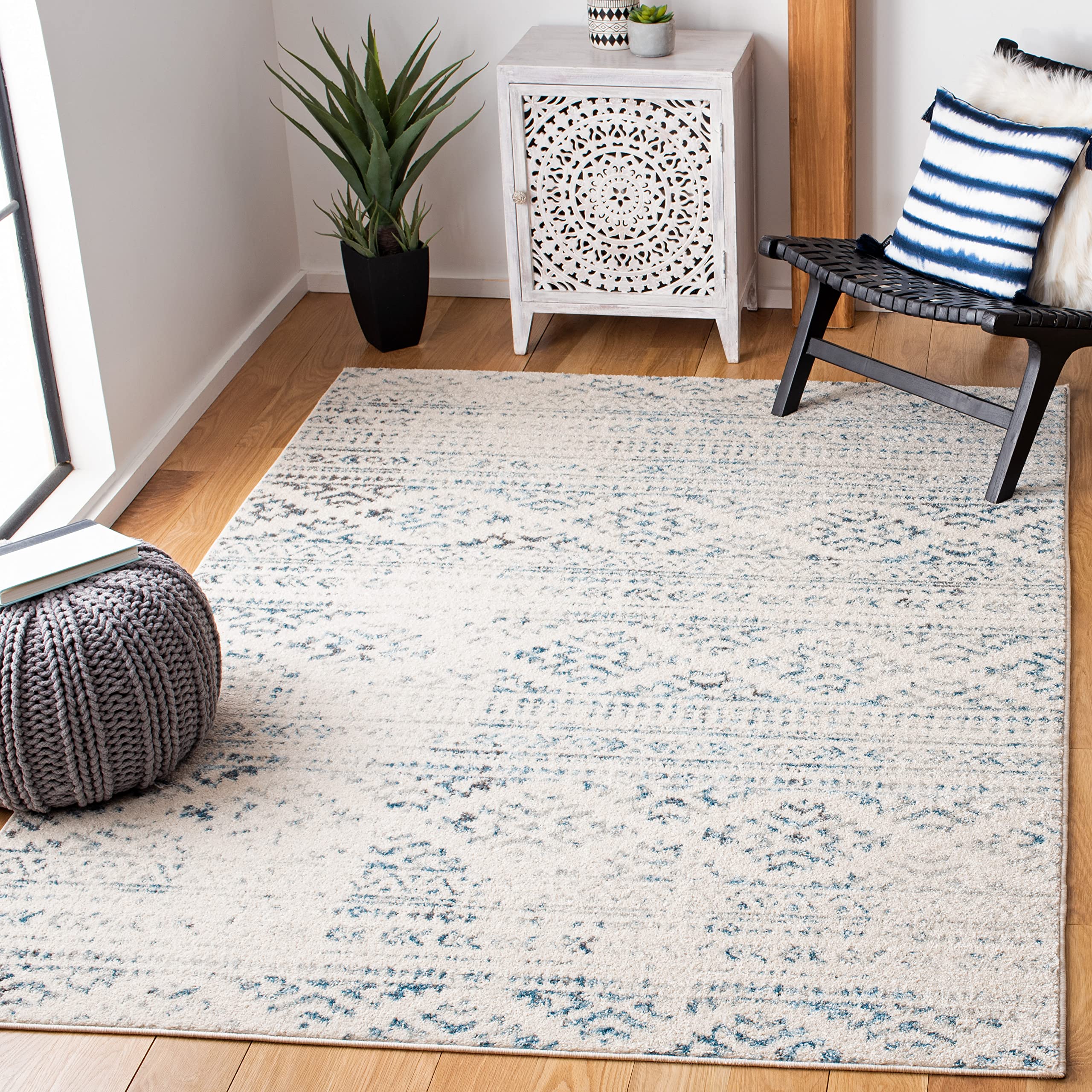 SAFAVIEH Tulum Collection 8 Square Ivory/Turquoise TUL272E Moroccan Boho Tribal Non-Shedding Area Rug