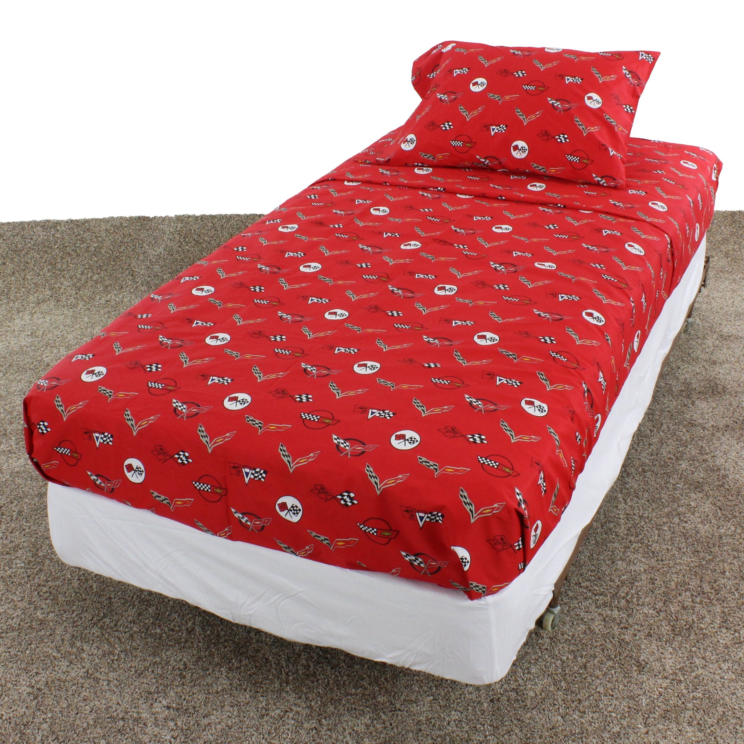 Corvette Sheet Set Queen Sized 4 Piece Sheet Set, Red Color Background, 1 Flat Sheet, 1 Fitted Sheet, 2 Pillowcases