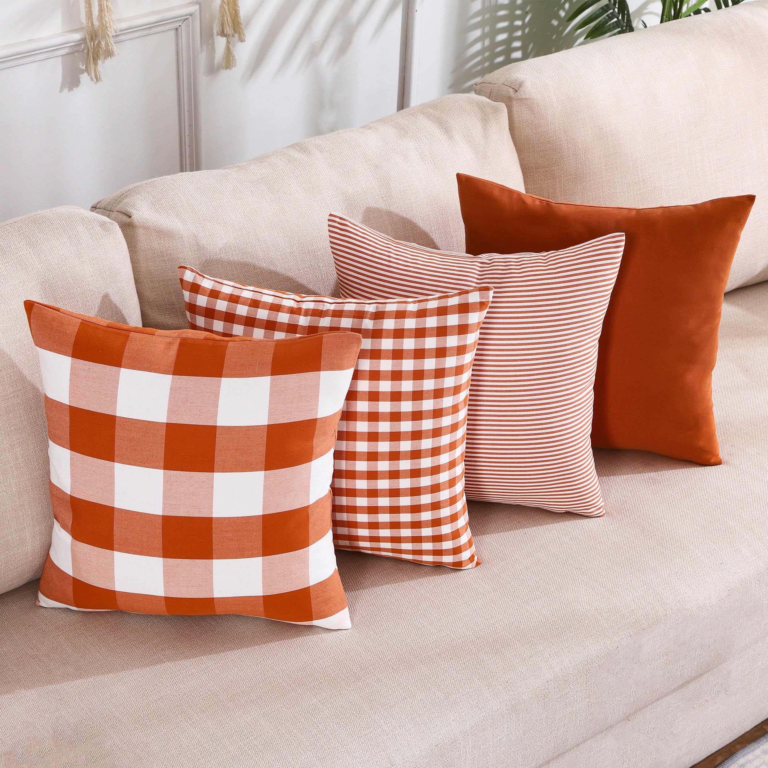 Carrie Home Burnt Orange Fall Plaid Throw Pillow Covers 18X18 Set Of 4 Buffalo Plaid Fall Decor Autumn Outdoor Decorative Pillow