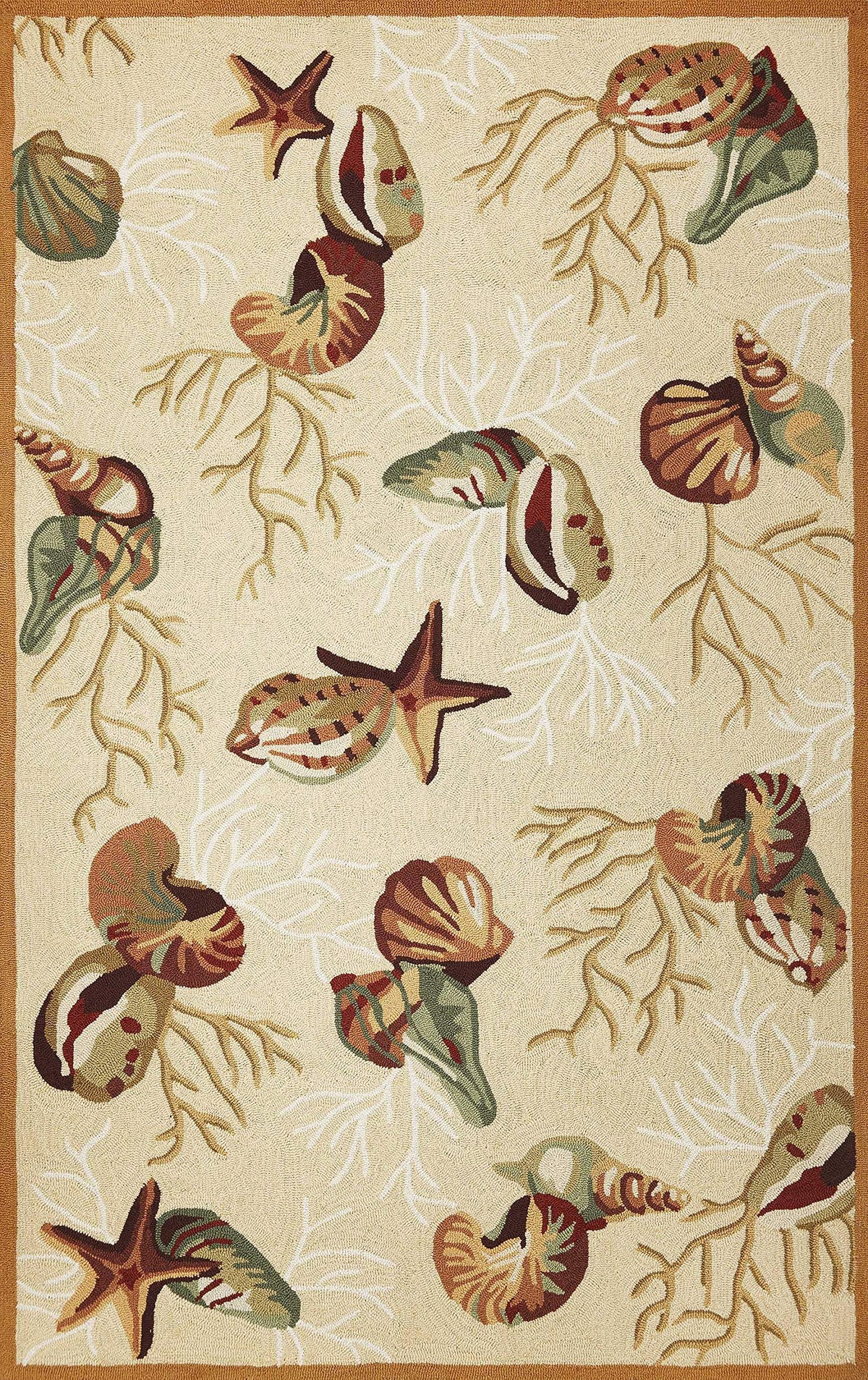 HomeRoots Polyester 2'x3' Beige Hand Hooked Sea Shells Indoor Accent Rug