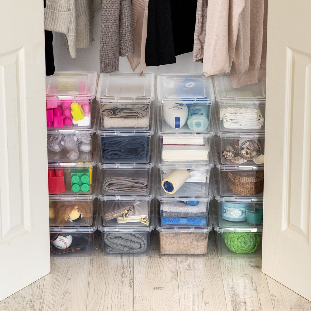 Iris Usa 5.9 Qt Plastic Stackable Storage Container Bin With Latching Lid, 20 Pack - Clear, Nestable Box Tote Closet Organization Toys School Art Supplies Shoe Shoebox