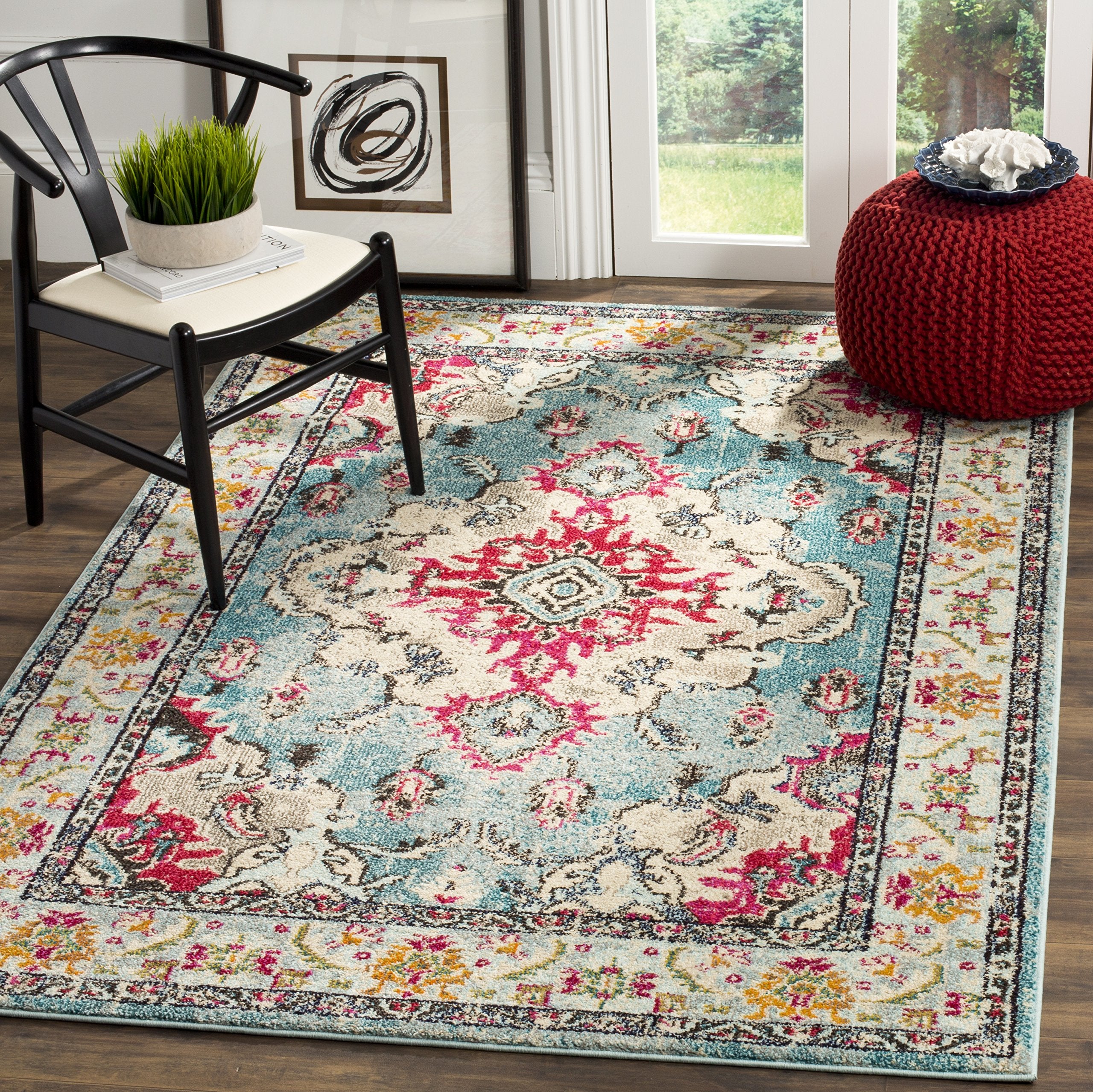 SAFAVIEH Monaco Collection 4 x 57 Light BlueFuchsia MNC243J Boho Chic Medallion Distressed Non-Shedding Living Room Bedroom Ac