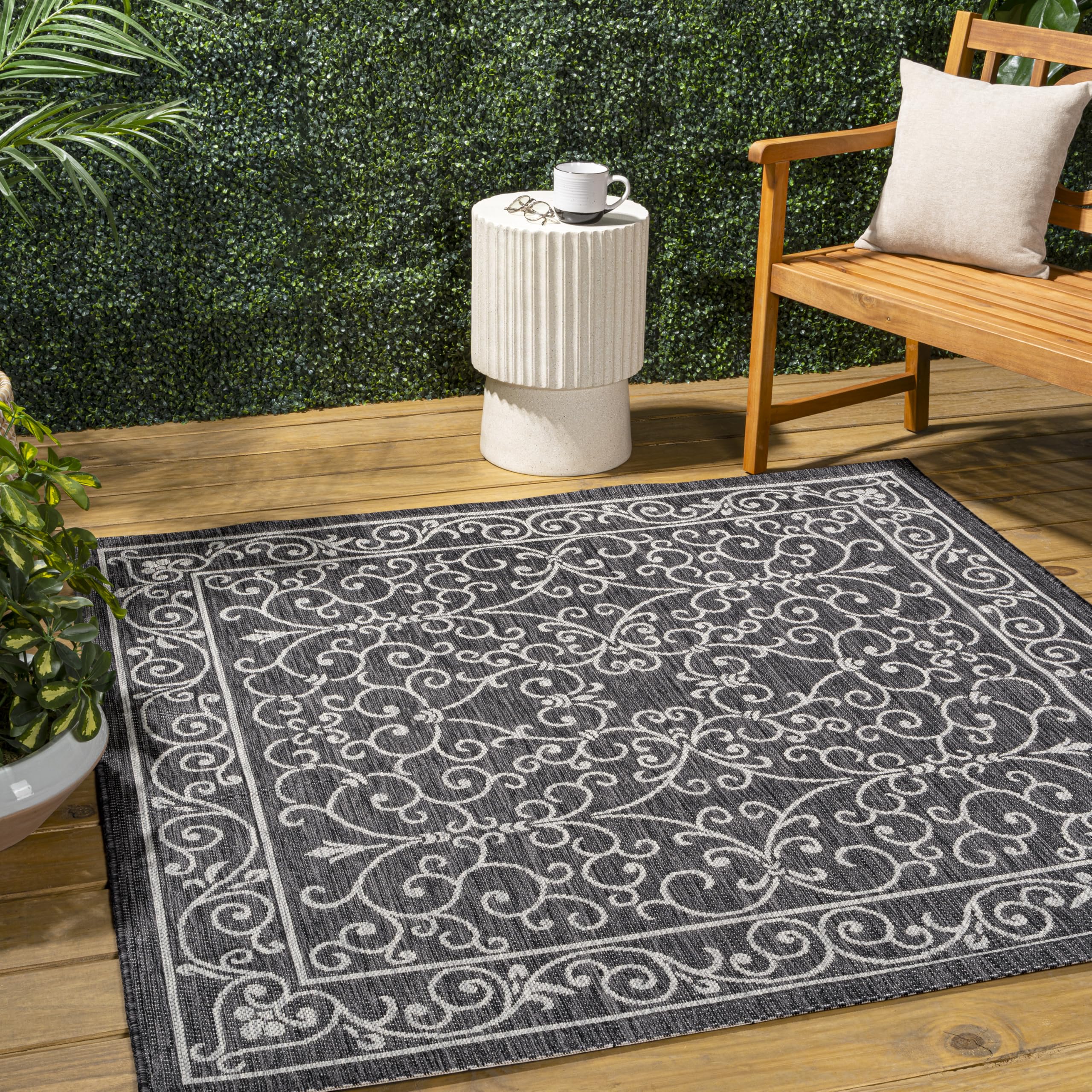 Jonathan Y Smb106G-3Sq Charleston Vintage Filigree Textured Weave Black/Gray 3' Square Indoor/Outdoor Area Rug, Pet Friendly, No