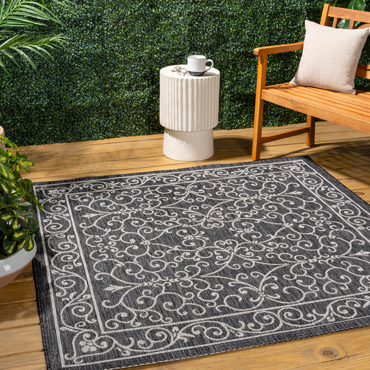 Jonathan Y Smb106G-4Sq Charleston Vintage Filigree Textured Weave Black/Gray 4' Square Indoor/Outdoor Area Rug, Pet Friendly, No