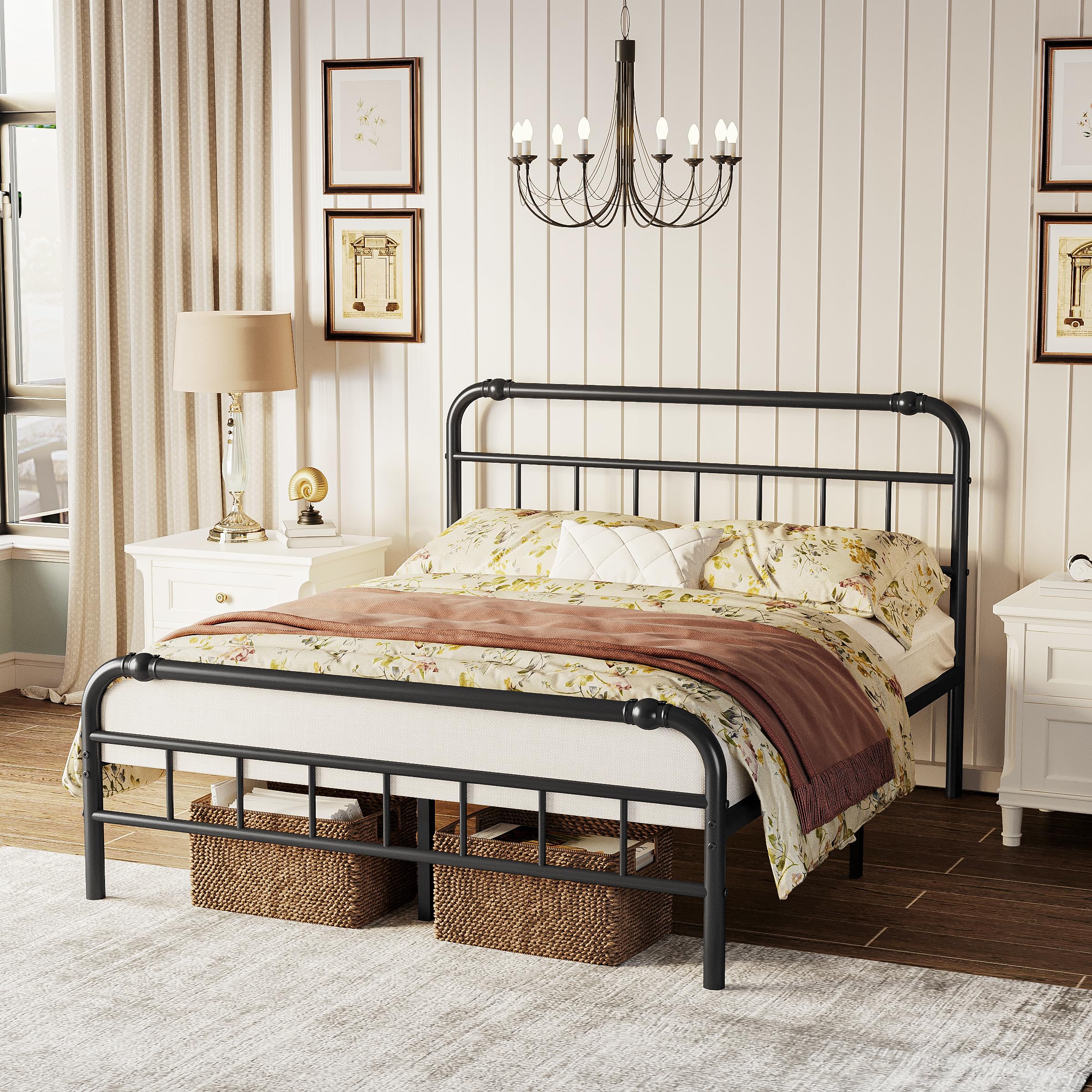 ZIYOO Metal Bed Frame Full Size with Vintage Decor Headboard and Footboard, 14 Inch High, Heavy Duty 3500 Pounds Support No Box 