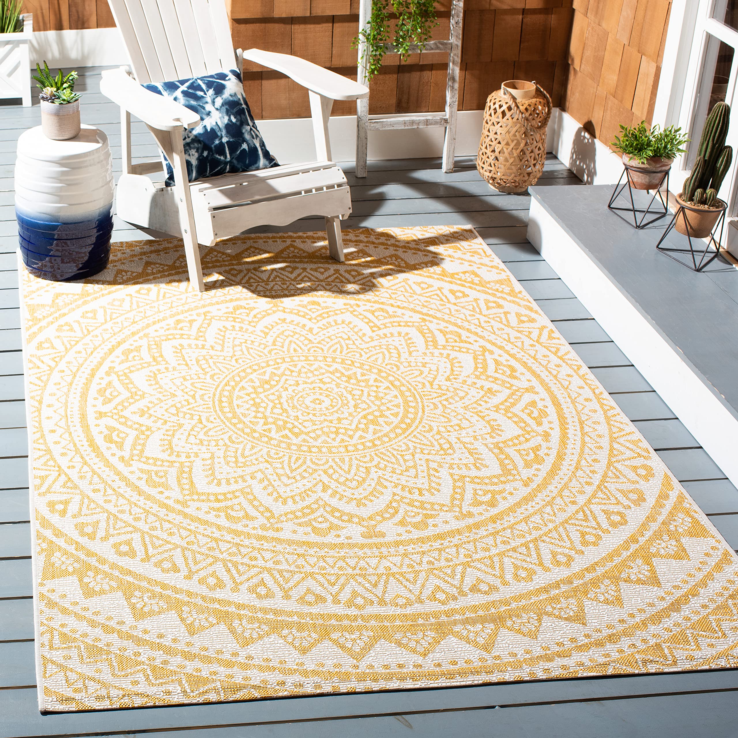 Safavieh Courtyard Collection Area Rug - 9' X 12', Ivory & Gold, Non-Shedding & Easy Care, Indoor/Outdoor & Washable-Ideal For P