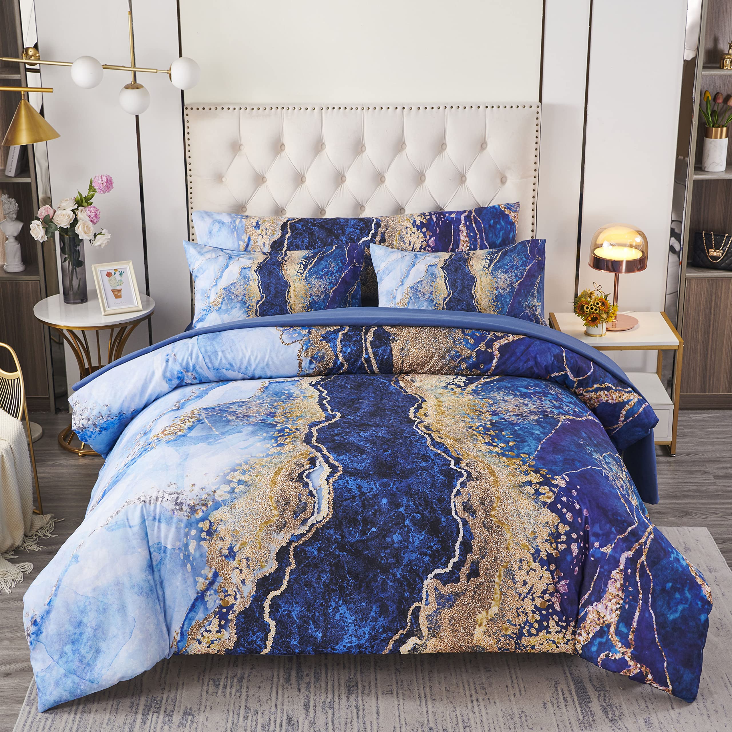 Perfemet 6 Pcs Bed-In-A-Bag Blue Watercolor Marble Printed Comforter Set With Matched Bed Sheets, Colorful Retro Artwork Style B