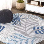 Jonathan Y Amc100A-6R Tropics Palm Leaves Indoor Outdoor Area-Rug Bohemian Floral Easy-Cleaning High Traffic Bedroom Kitchen Backyard Patio Porch Non Shedding, 6 Ft Round, Gray/Blue