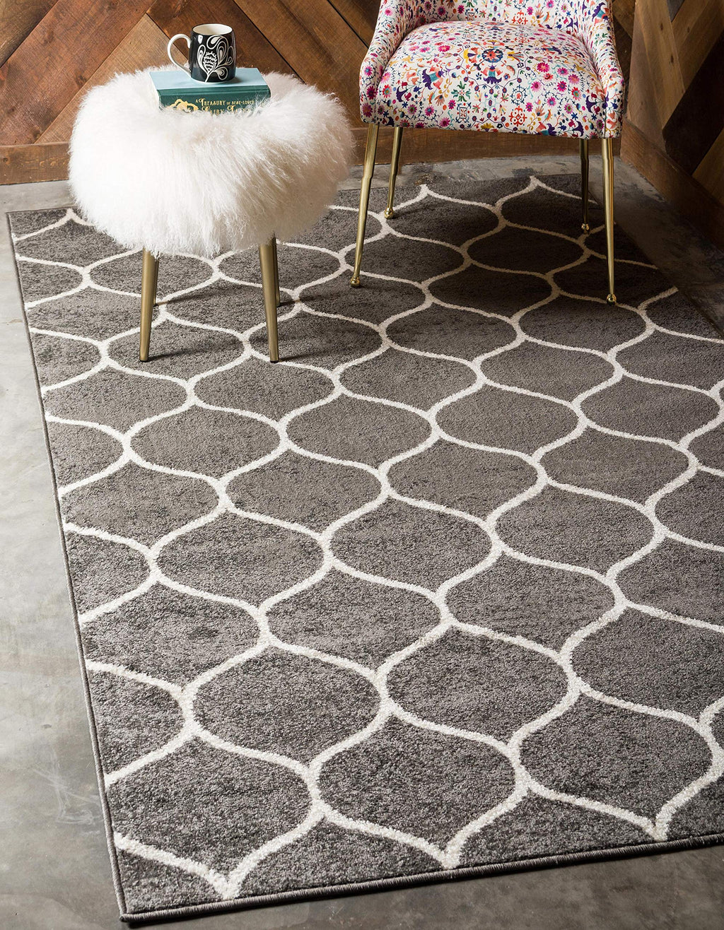 Unique Loom Trellis Frieze Collection Area Rug - Rounded (4' 1'' X 6' 1'', Dark Gray/ Ivory)