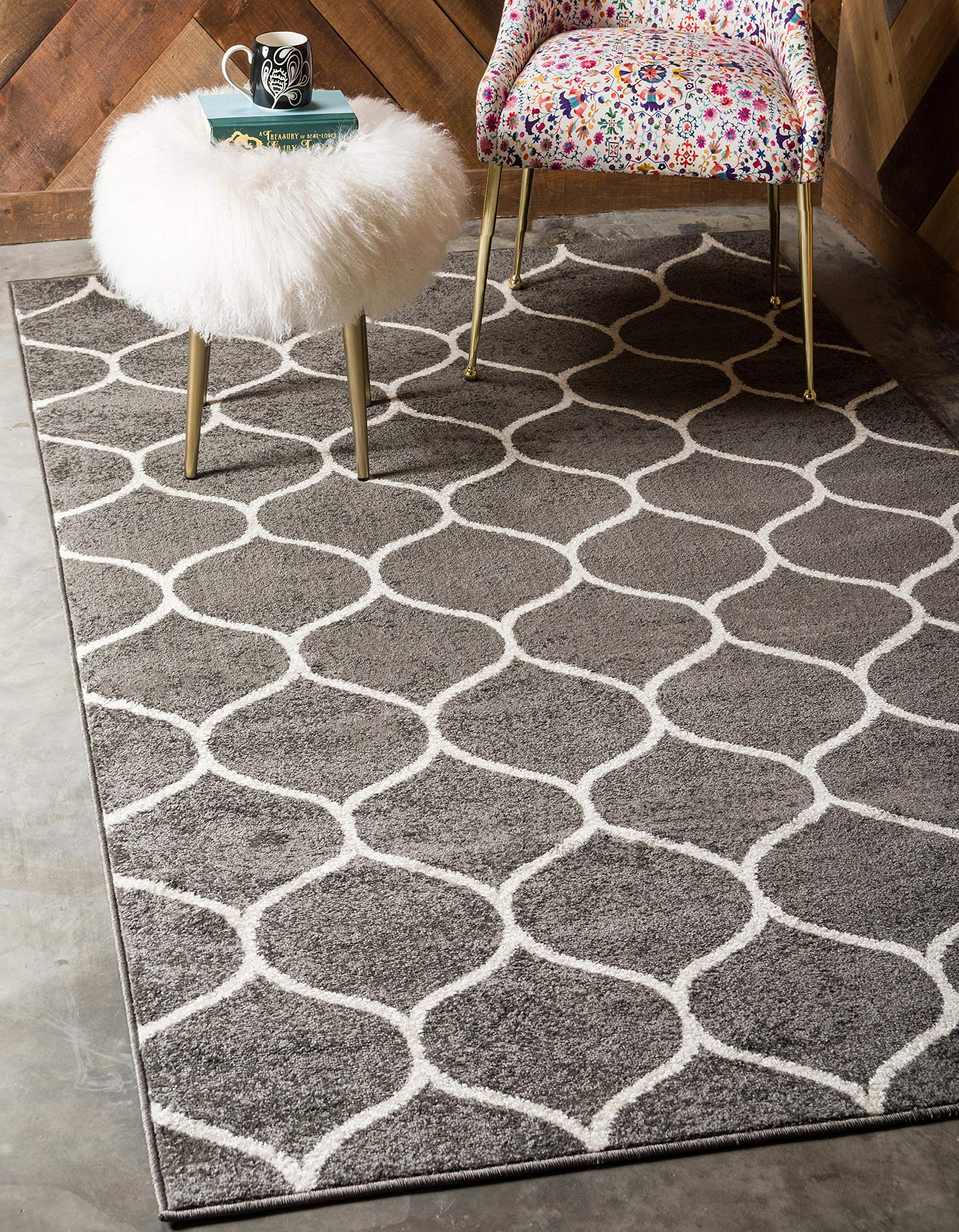 Unique Loom Trellis Frieze Collection Area Rug - Rounded (4' 1'' X 6' 1'', Dark Gray/ Ivory)