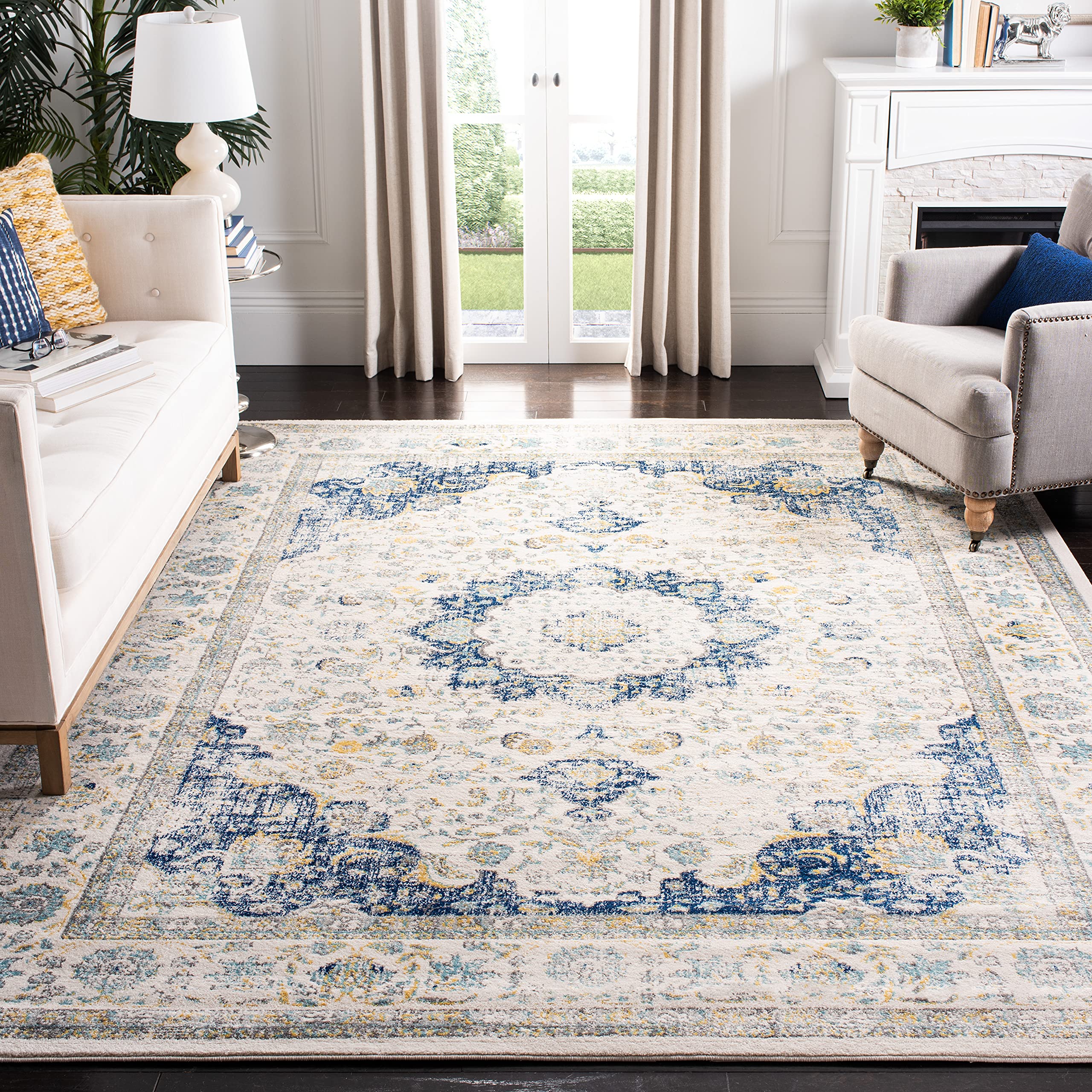 SAFAVIEH Evoke Collection X-Large Area Rug - 11 x 15, Ivory & Blue, Shabby Chic Oriental Medallion Design, Non-Shedding & Easy