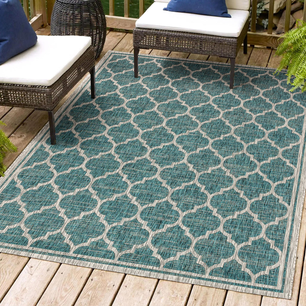 Jonathan Y Smb109E-3 Trebol Moroccan Trellis Textured Weave Indoor Outdoor Area Rug Bohemian Modern Easy Cleaning Bedroom Kitchen Backyard Patio Non Shedding, 3 X 5, Teal/Gray