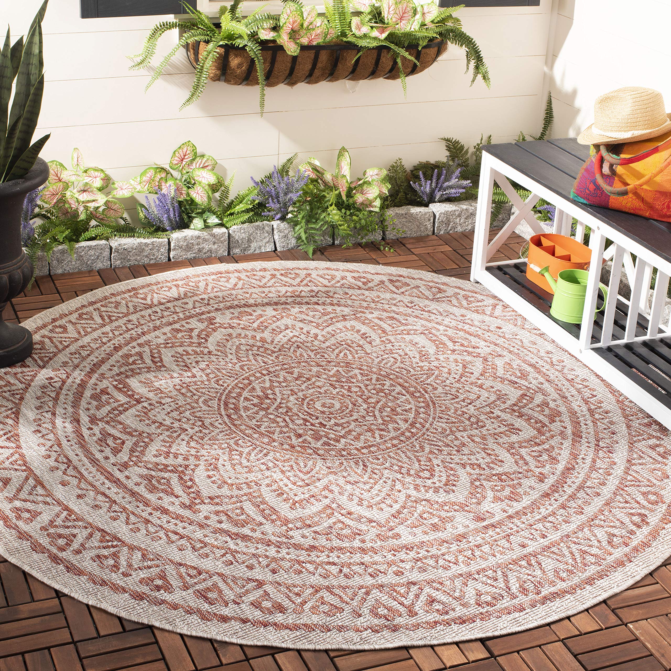 Safavieh Courtyard Collection 7'10' Round Light Beige/Terracotta Cy8734 Indoor/ Outdoor Waterproof Easy Cleaning Patio Backyard Mudroom Area Rug