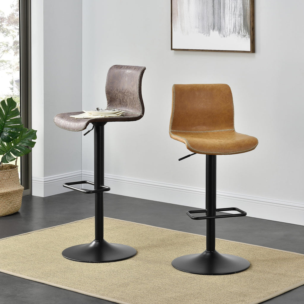 New Pacific Direct Jayden Pu Leather Low Back Gaslift Bar, Set Of 2 Bar & Counter Stools, Vintage Coffee Brown