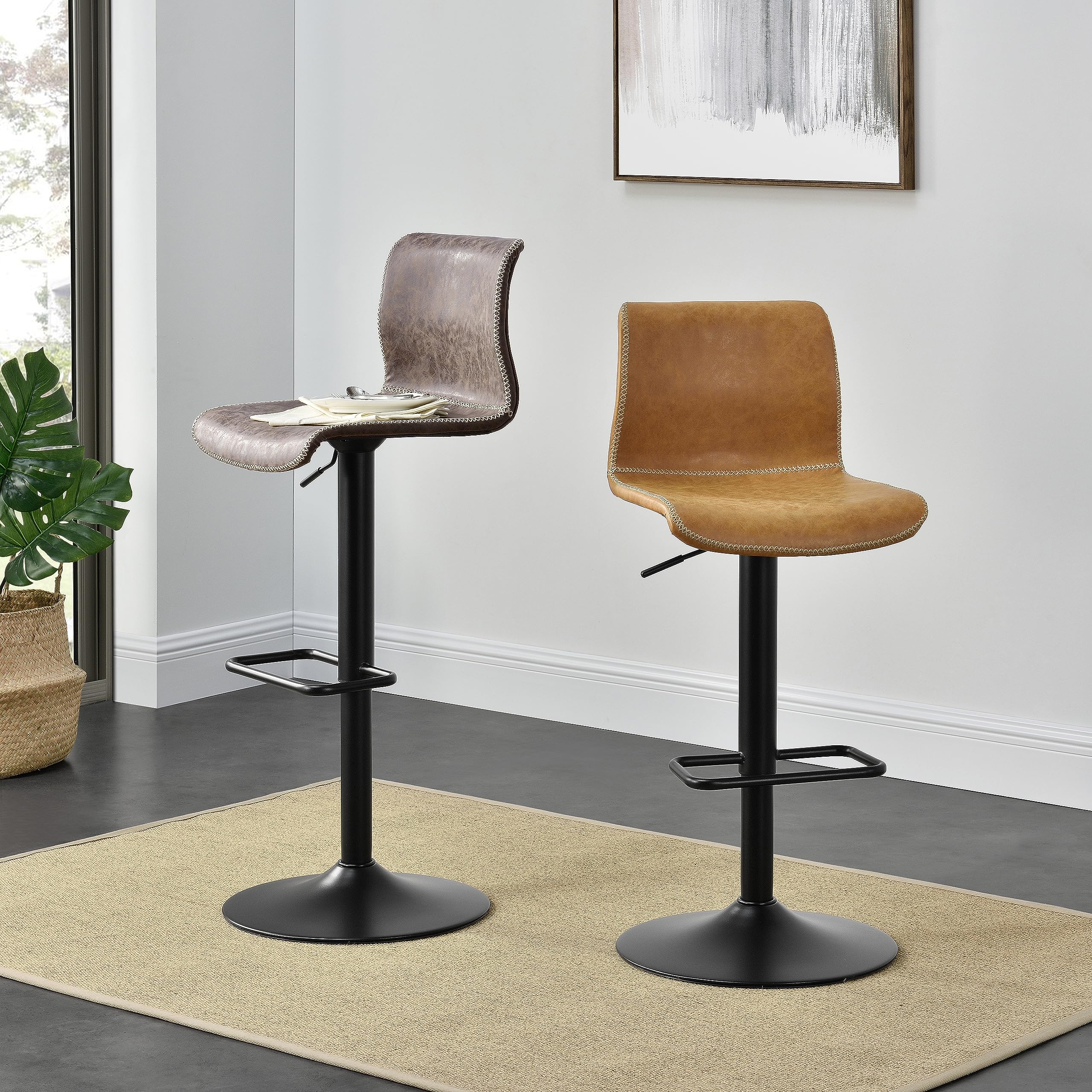 New Pacific Direct Jayden Pu Leather Low Back Gaslift Bar, Set Of 2 Bar & Counter Stools, Vintage Coffee Brown