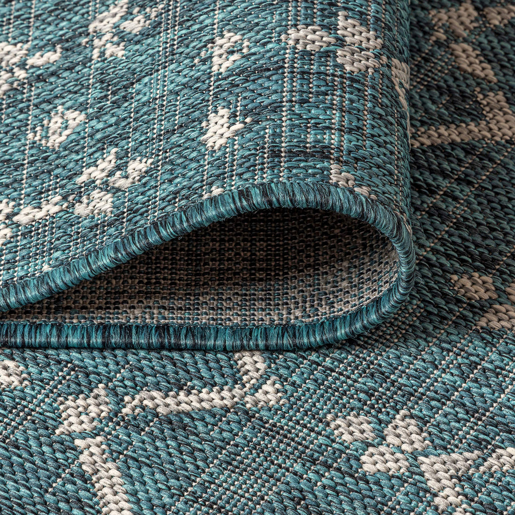 Jonathan Y Smb108C-28 Ourika Moroccan Geometric Textured Weave Indoor Outdoor Area Rug, Bohemian, Rustic, Scandinavian Easy Cleaning,Bedroom,Kitchen,Backyard,Patio,Non Shedding, Teal/Gray, 2 X 8