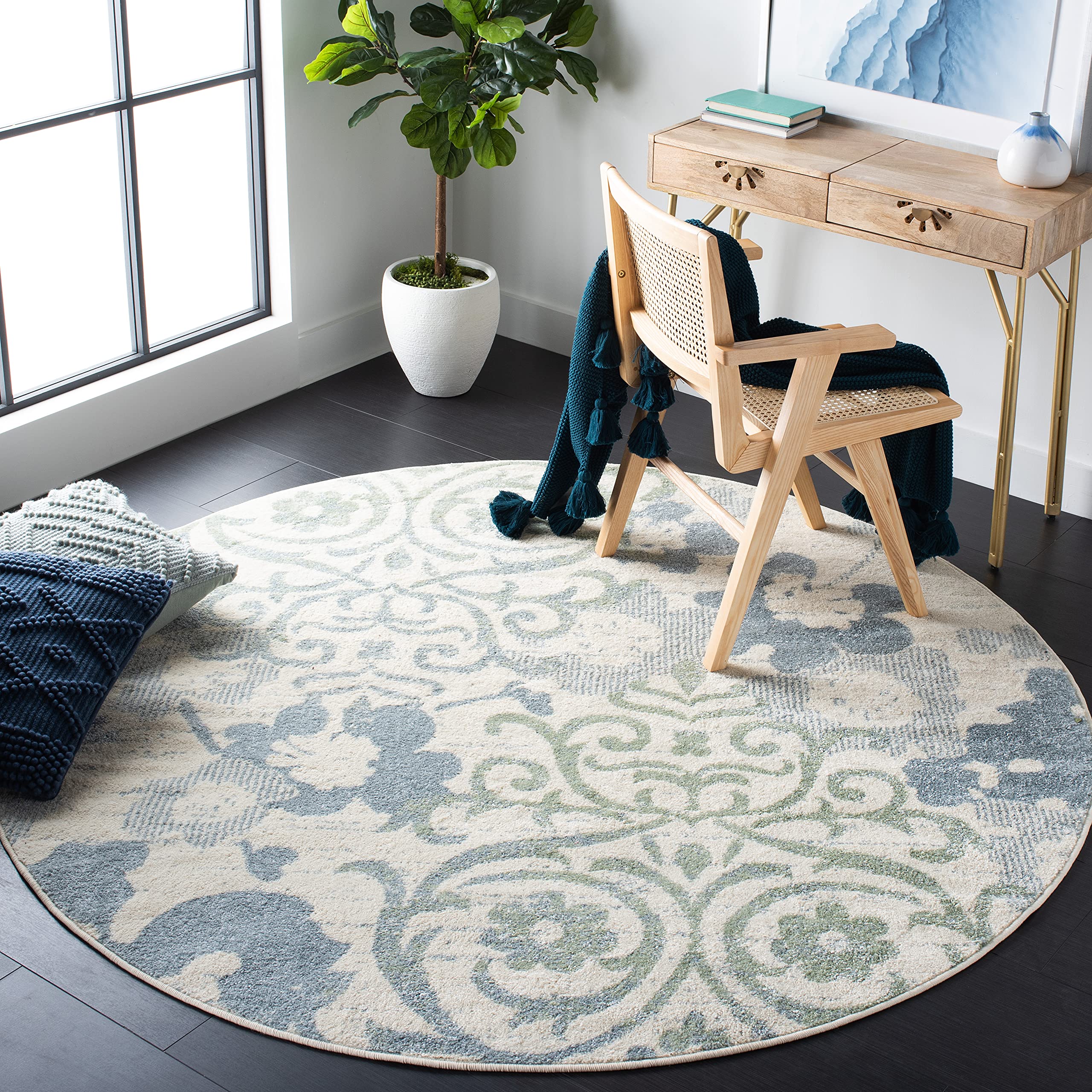 SAFAVIEH Adirondack Collection 67 Round Ivory/Blue ADR114M Floral Glam Damask Distressed Non-Shedding Dining Room Entryway Foye
