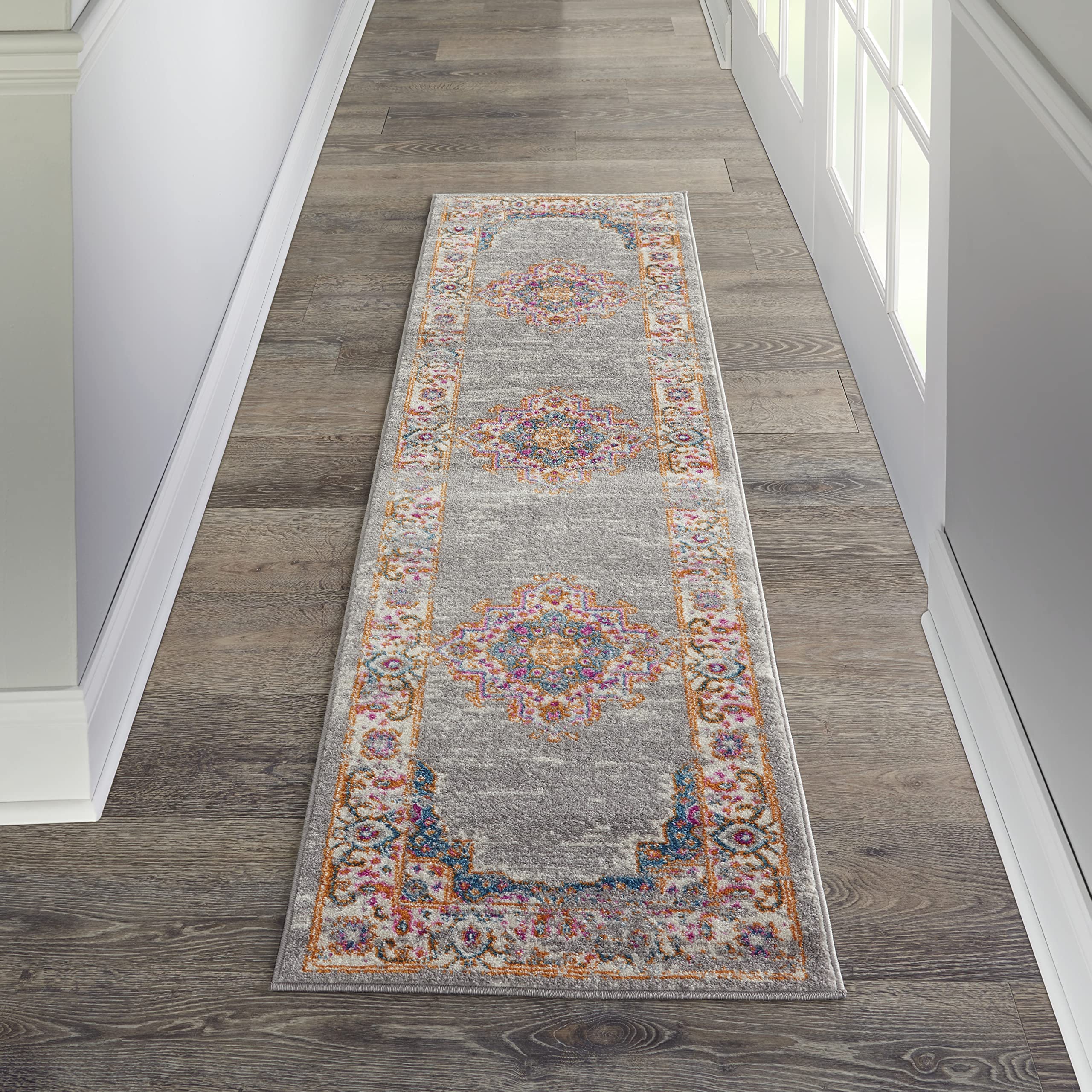 Nourison Passion Grey 2'2' X 7'6' Area Rug, Boho, Traditional, Easy Clean, Non Shedding, Bed Room, Living Room, Hallway, (8' Runner)