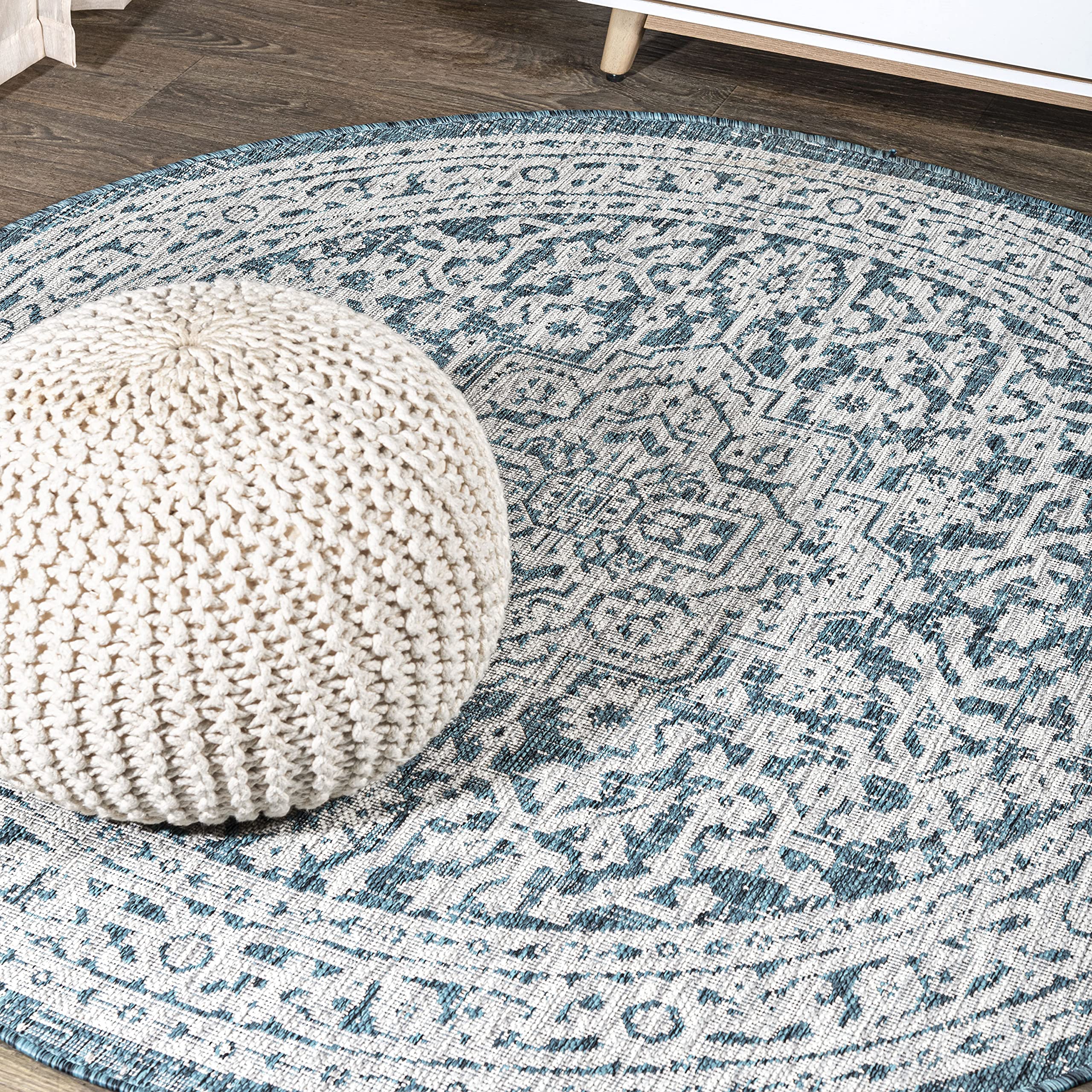 Jonathan Y Smb101C-8R Sinjuri Medallion Textured Weave Teal Blue/Gray 8' Round Indoor/Outdoor Area Rug, Pet Friendly, Non-Sheddi