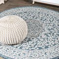 JONATHAN Y SMB101C-9R Sinjuri Medallion Textured Weave Teal Blue/Gray 9 Round Indoor/Outdoor Area Rug, Pet Friendly, Non-Sheddi