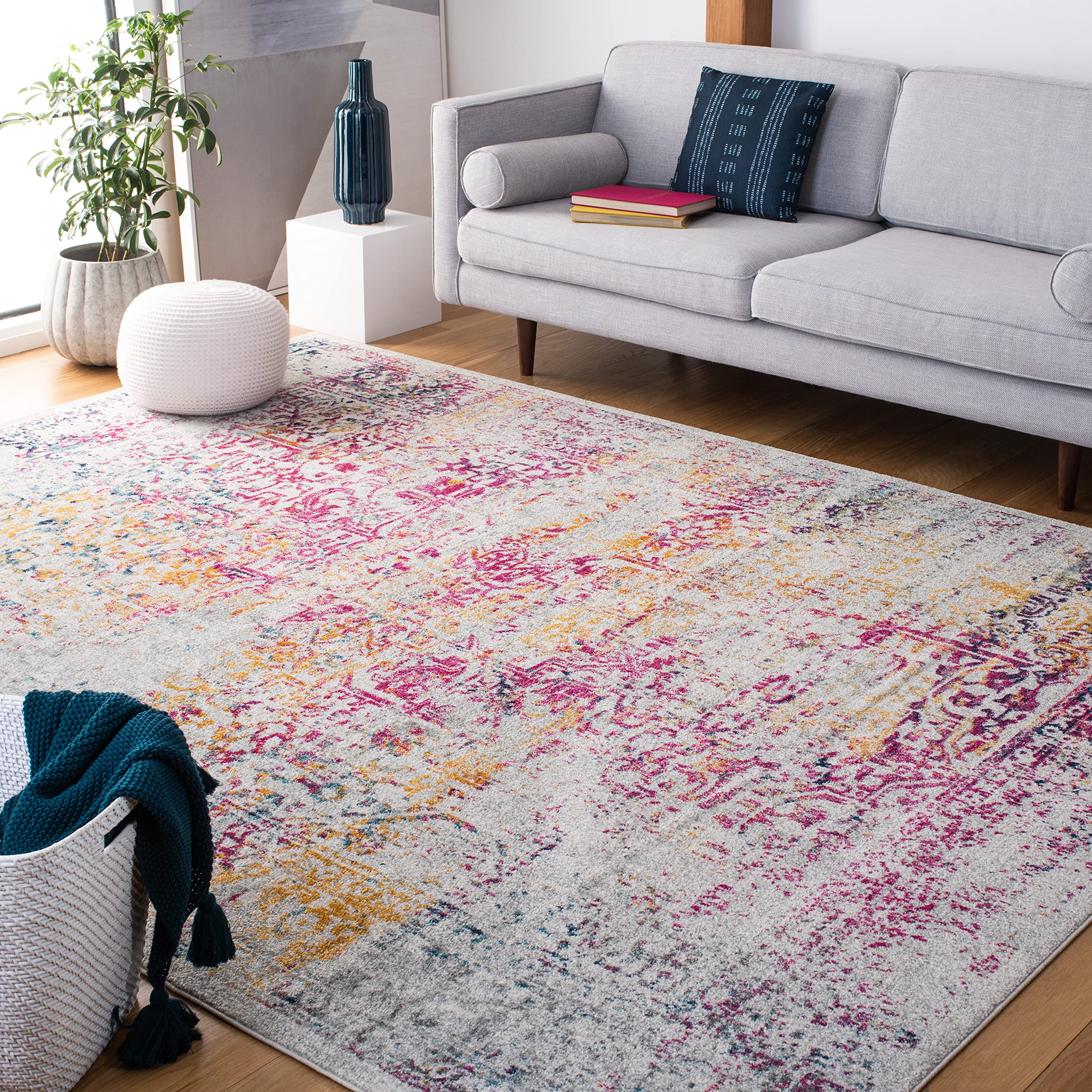 SAFAVIEH Evoke Collection 67 Square Ivory / Fuchsia EVK256Q Oriental Distressed Non-Shedding Living Room Bedroom Dining Home Of