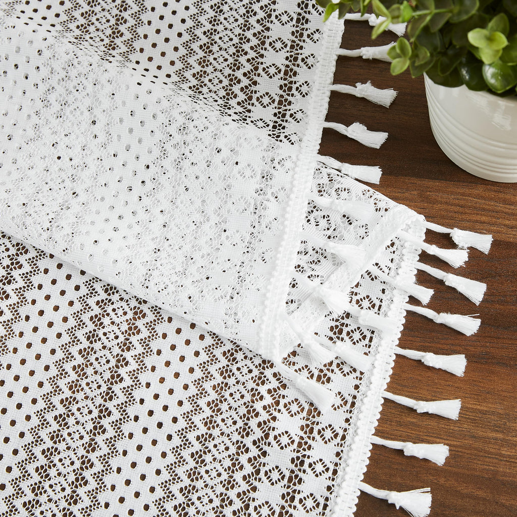 Bapawfish 95 Inches Length White Boho Lace Sheer Curtain Panels With Tassels,Rustic Rod Pocket Drapes,Embroidery Geometric Patte
