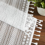 Bapawfish 95 Inches Length White Boho Lace Sheer Curtain Panels With Tassels,Rustic Rod Pocket Drapes,Embroidery Geometric Patte