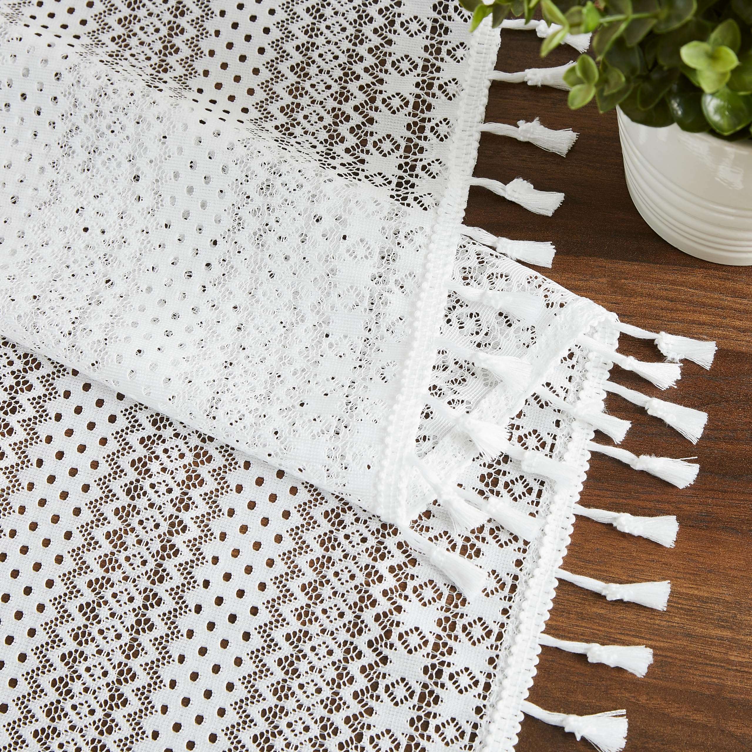 Bapawfish 95 Inches Length White Boho Lace Sheer Curtain Panels With Tassels,Rustic Rod Pocket Drapes,Embroidery Geometric Patte