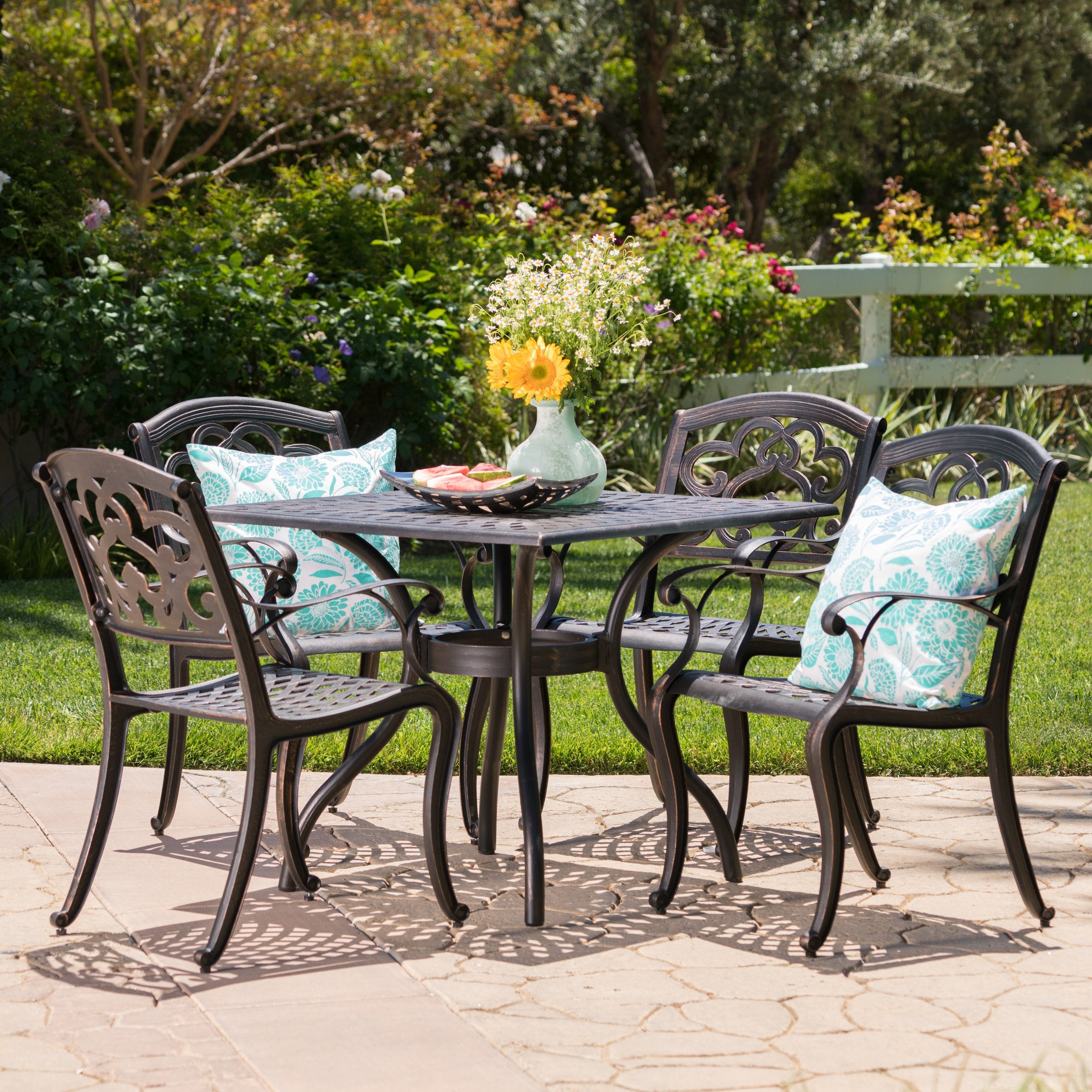 GDF Studio Augusta  5 Piece Outdoor Cast Aluminum Dining Set  Perfect for Patio  in Shiny Copper