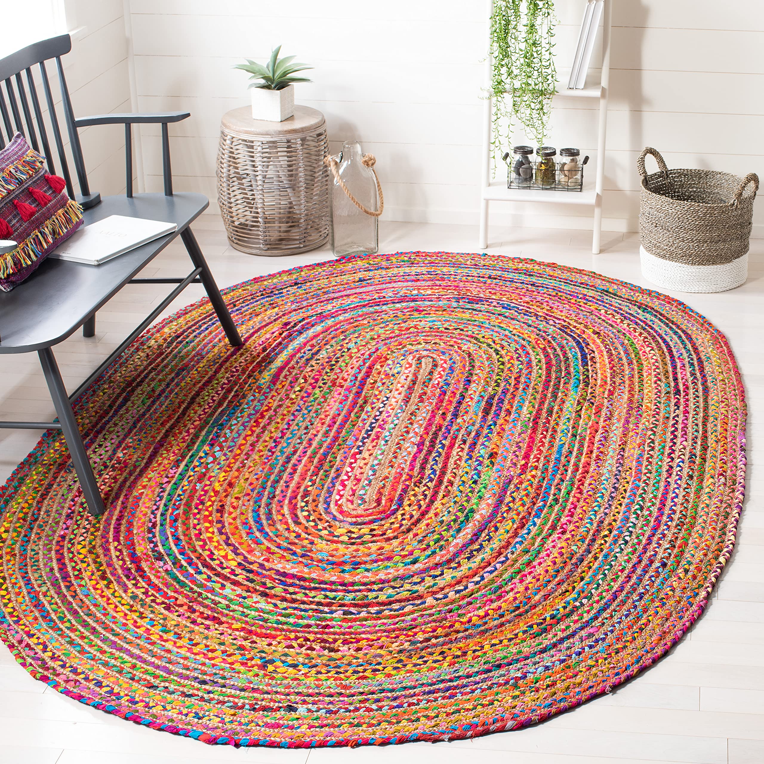 SAFAVIEH Cape Cod Collection Area Rug - 6 x 9 Oval, Red & Multi, Handmade Boho Braided Jute & Cotton, Ideal for High Traffic A