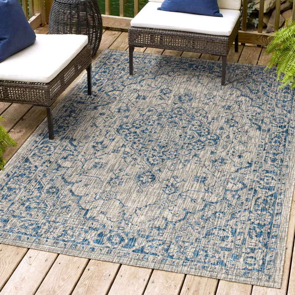 Jonathan Y Smb102B-3 Rozetta Boho Medallion Textured Weave Indoor Outdoor -Area Rug Coastal Bohemian Rustic Glam Easy-Cleaning Bedroom Kitchen Backyard Patio Non Shedding, 3 X 5, Gray/Navy
