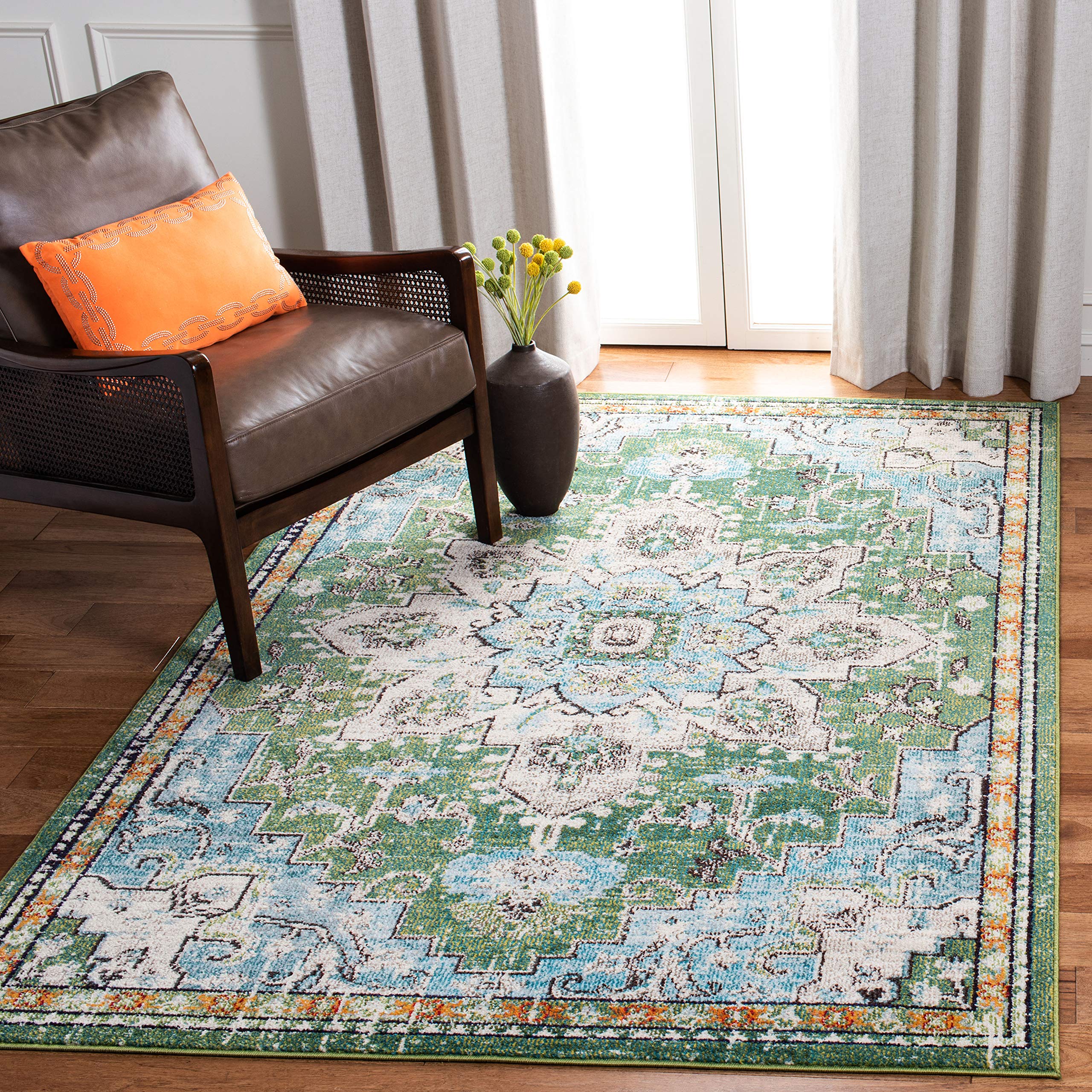 SAFAVIEH Madison Collection Accent Rug - 4 x 6, Green & Turquoise, Medallion Distressed Design, Non-Shedding & Easy Care, Idea