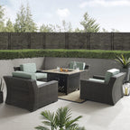 Crosley Furniture Beaufort Beaufort 5-Piece Wicker Outdoor Chair Patio Furniture Set With Propane Gas Fire Pit Table, Brown With Mist Cushions