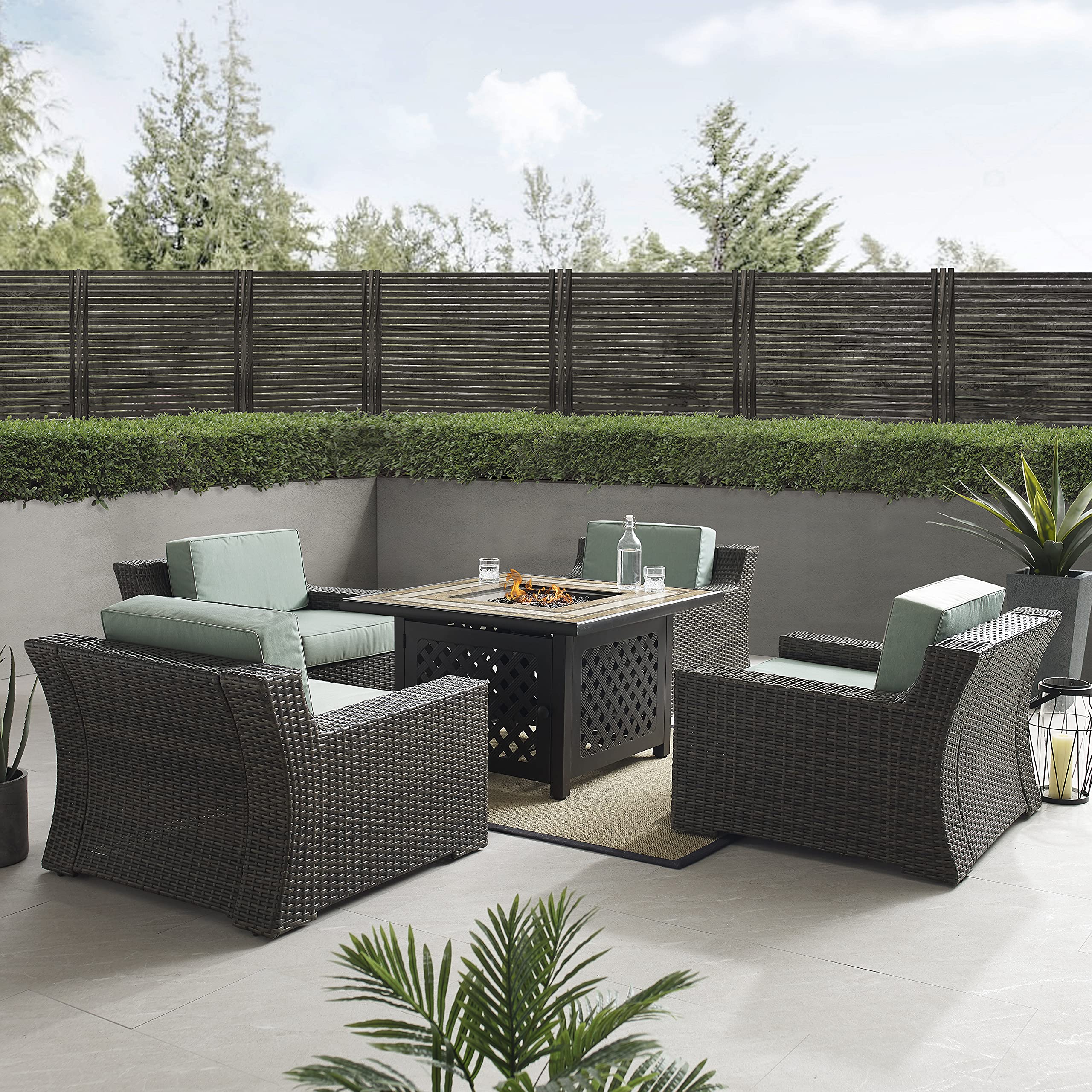 Crosley Furniture Beaufort Beaufort 5-Piece Wicker Outdoor Chair Patio Furniture Set With Propane Gas Fire Pit Table, Brown With Mist Cushions