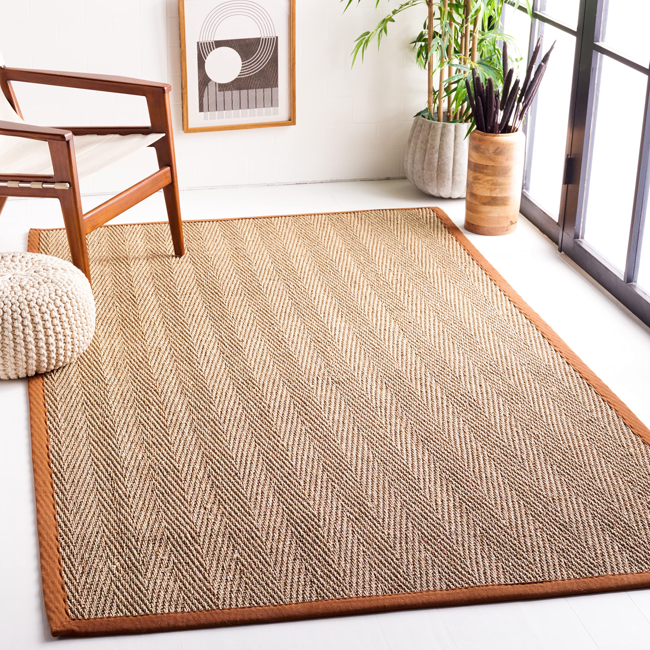 Safavieh Natural Fiber Collection Accent Rug - 3 x 5, Natural & Brown, Border Herringbone Seagrass Design, Easy Care, Ideal fo