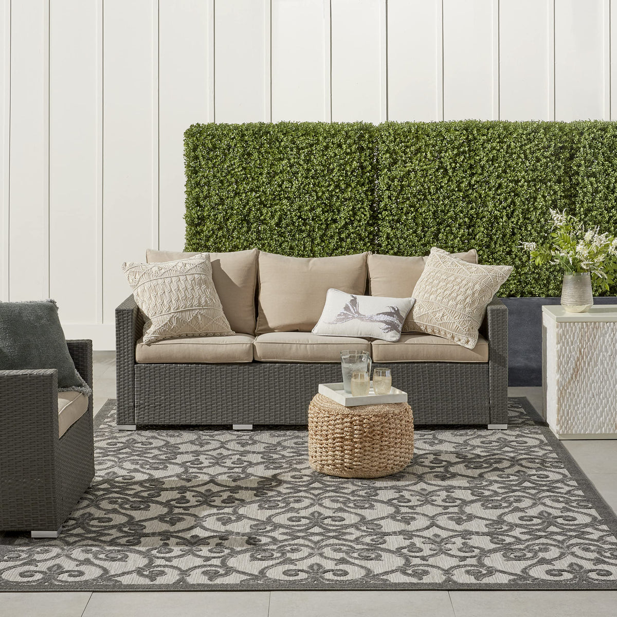 Nourison Aloha Indoor/Outdoor Grey/Charcoal 9'6' X 13' Area Rug, Transitional, French Country, Easy Cleaning, Non Shedding, Bed