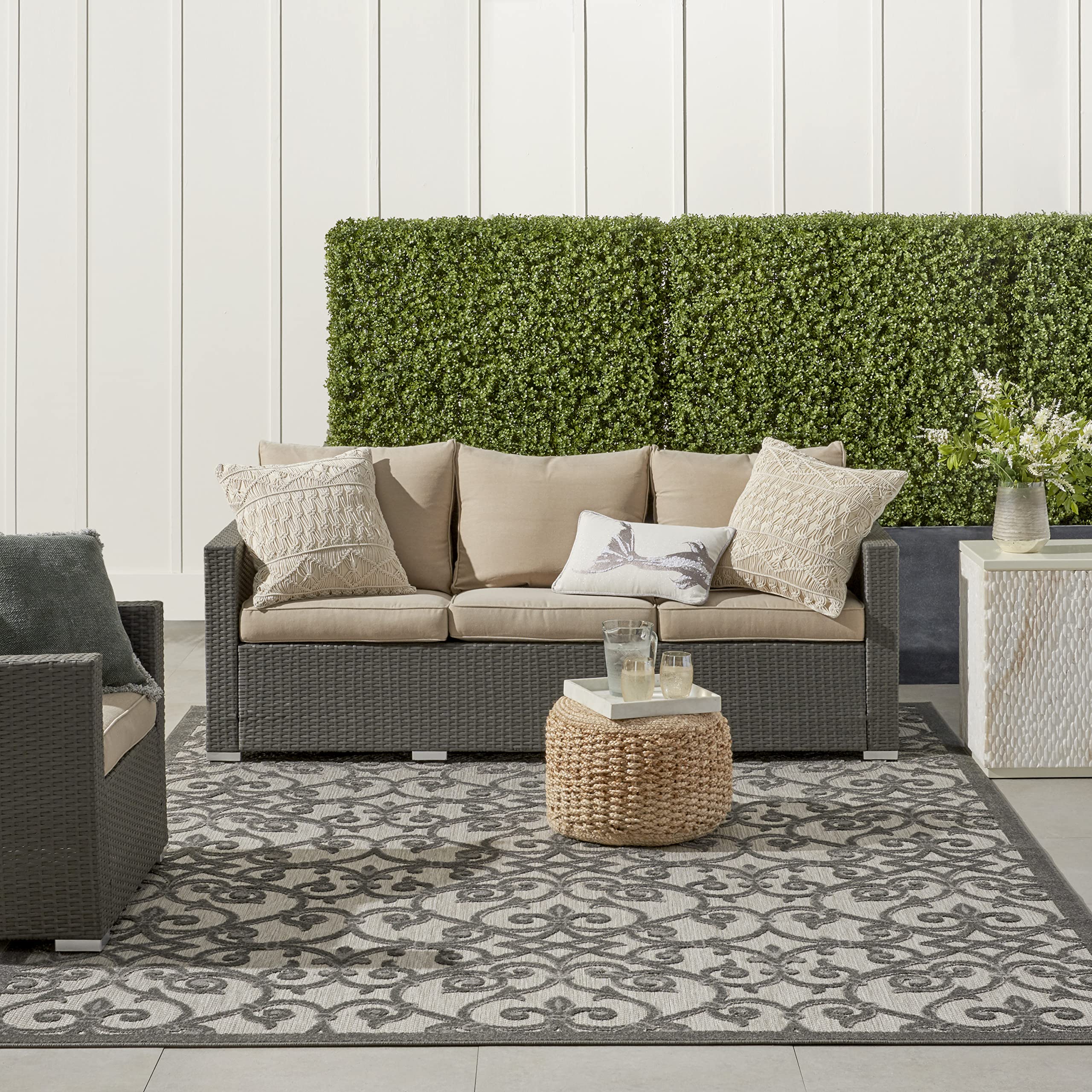 Nourison Aloha Indoor/Outdoor Grey/Charcoal 9'6' X 13' Area Rug, Transitional, French Country, Easy Cleaning, Non Shedding, Bed