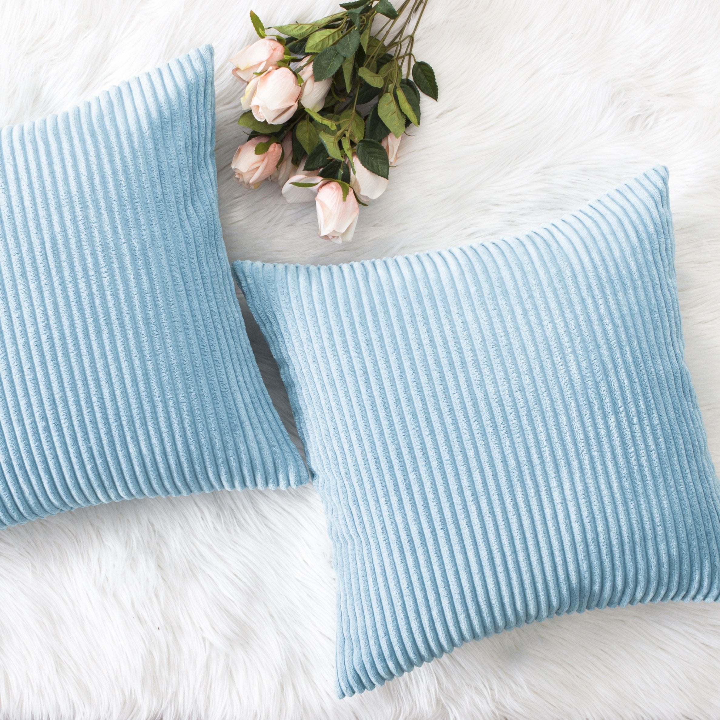 Home Brilliant Decorative Pillow Cover Light Blue Soft Velvet Corduroy Striped Set Of 2 Square Throw Pillow Covers For Couch, 18