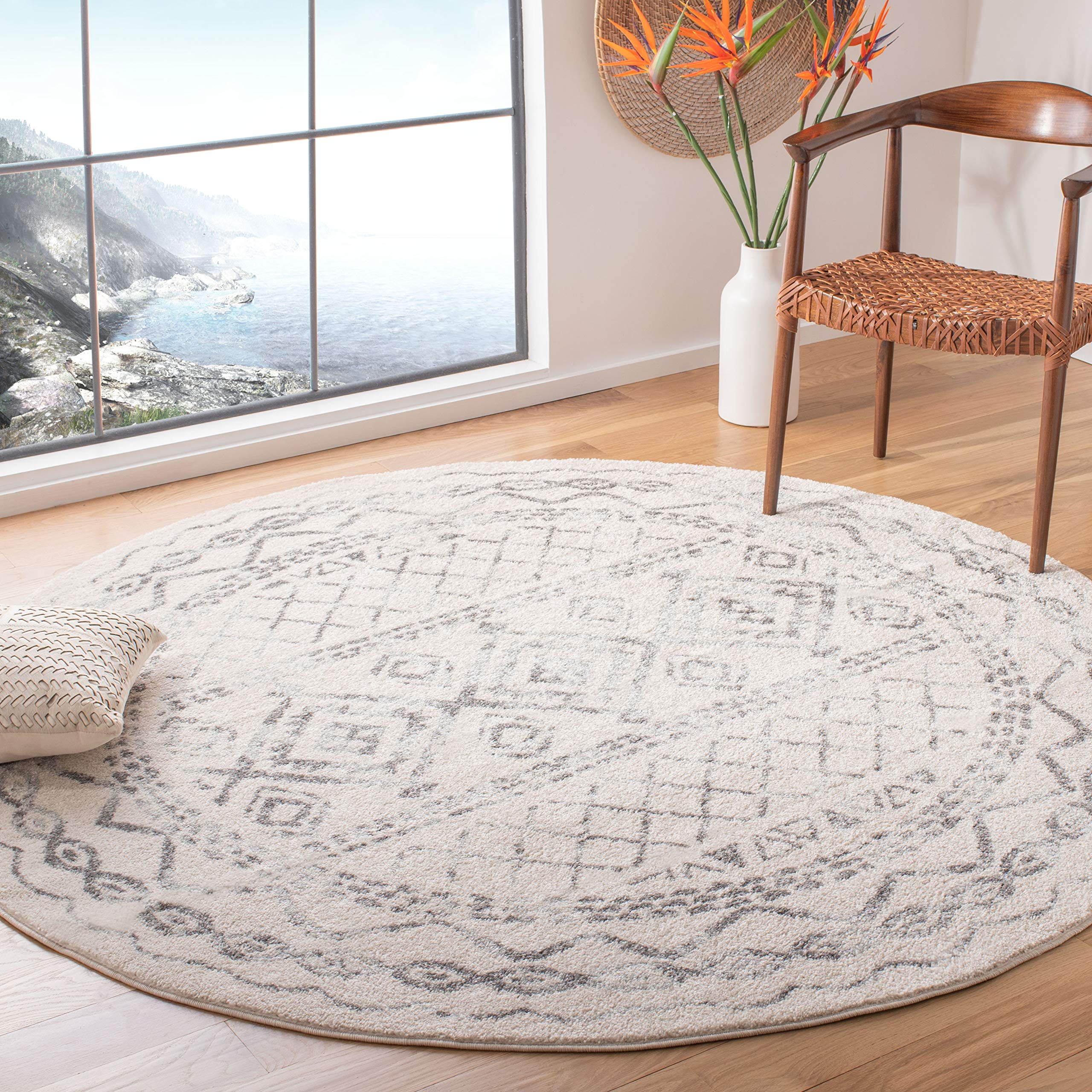 SAFAVIEH Tulum Collection 10 Round Ivory/Grey TUL268A Moroccan Boho Distressed Non-Shedding Area Rug