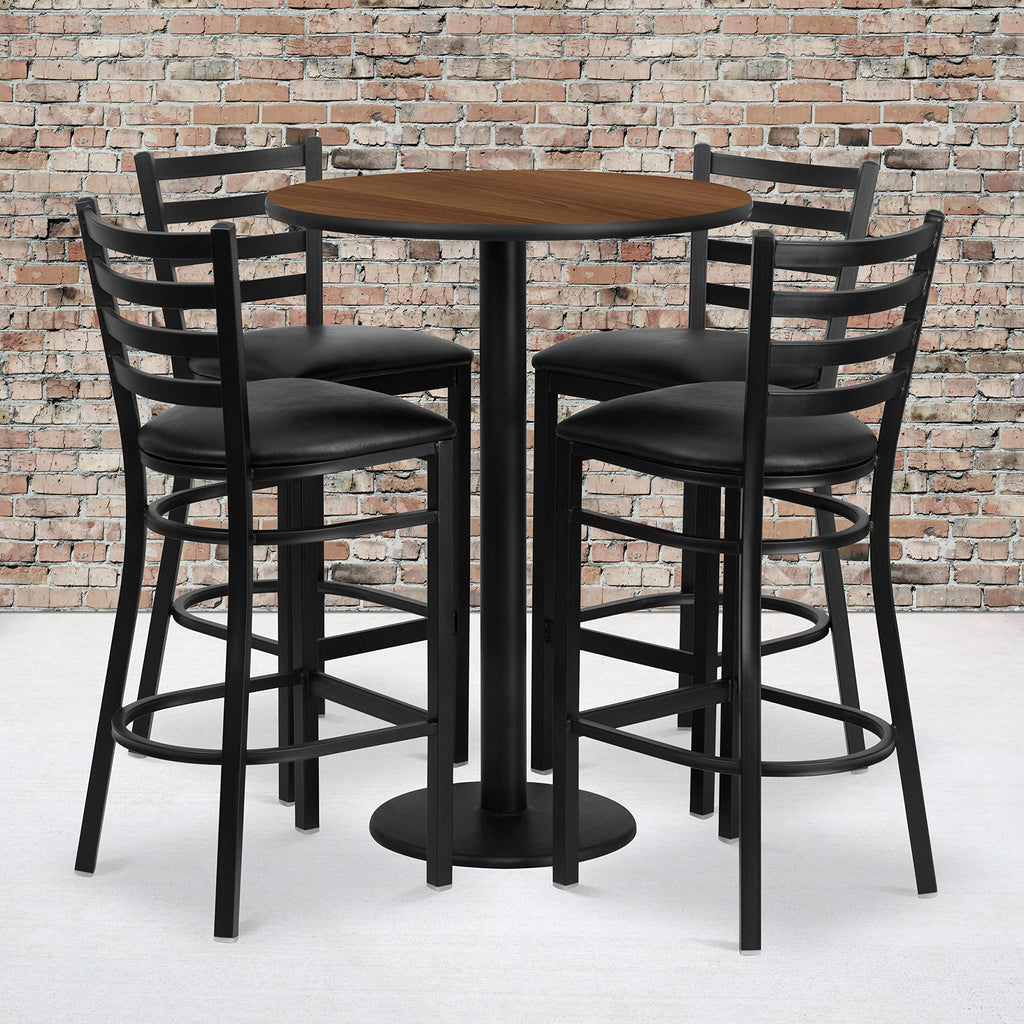 Flash Furniture Jamie 30'' Round Walnut Laminate Table Set with Round Base and 4 Ladder Back Metal Barstools - Black Vinyl Seat