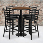 Flash Furniture Jamie 30'' Round Walnut Laminate Table Set with Round Base and 4 Ladder Back Metal Barstools - Black Vinyl Seat