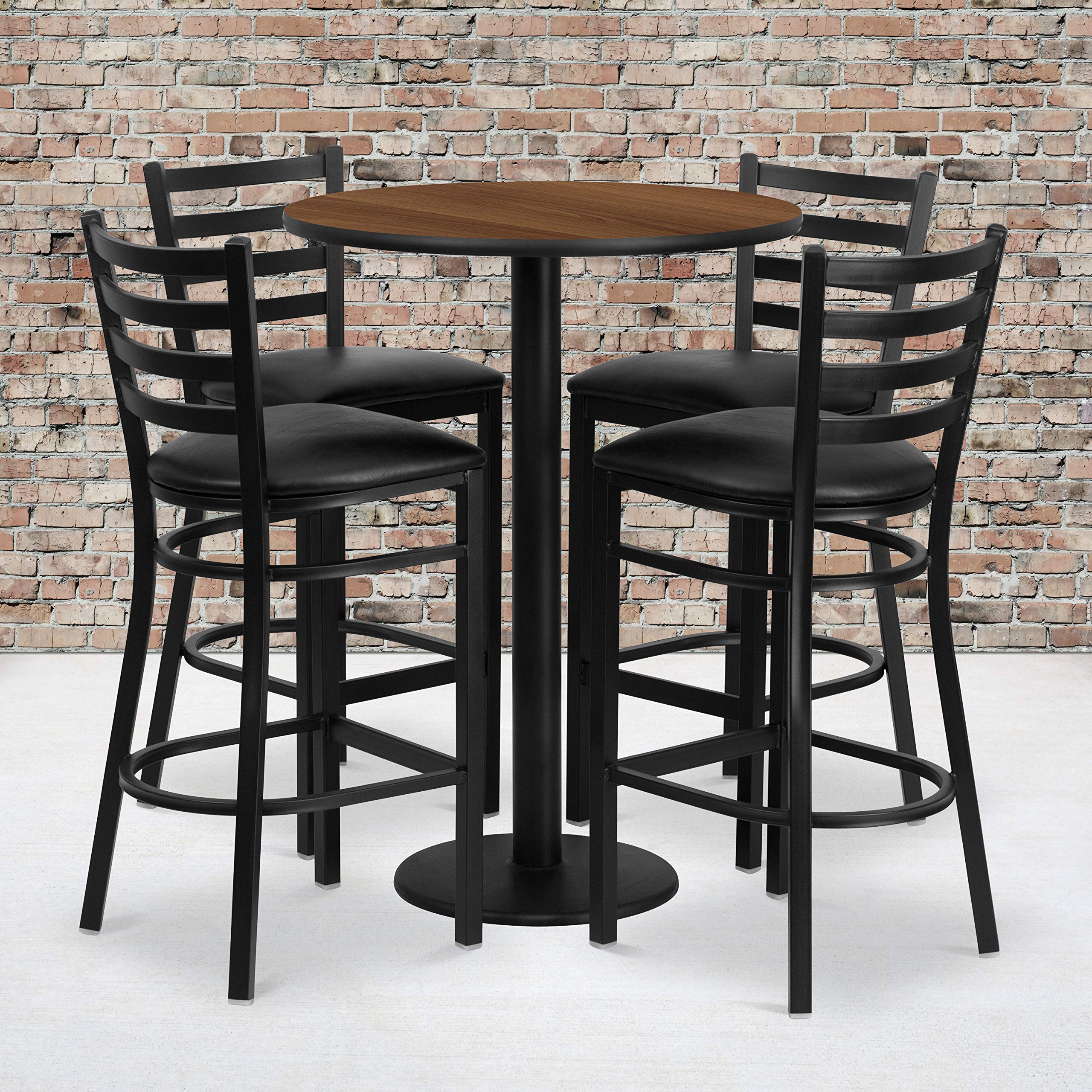 Flash Furniture Jamie 30'' Round Walnut Laminate Table Set with Round Base and 4 Ladder Back Metal Barstools - Black Vinyl Seat