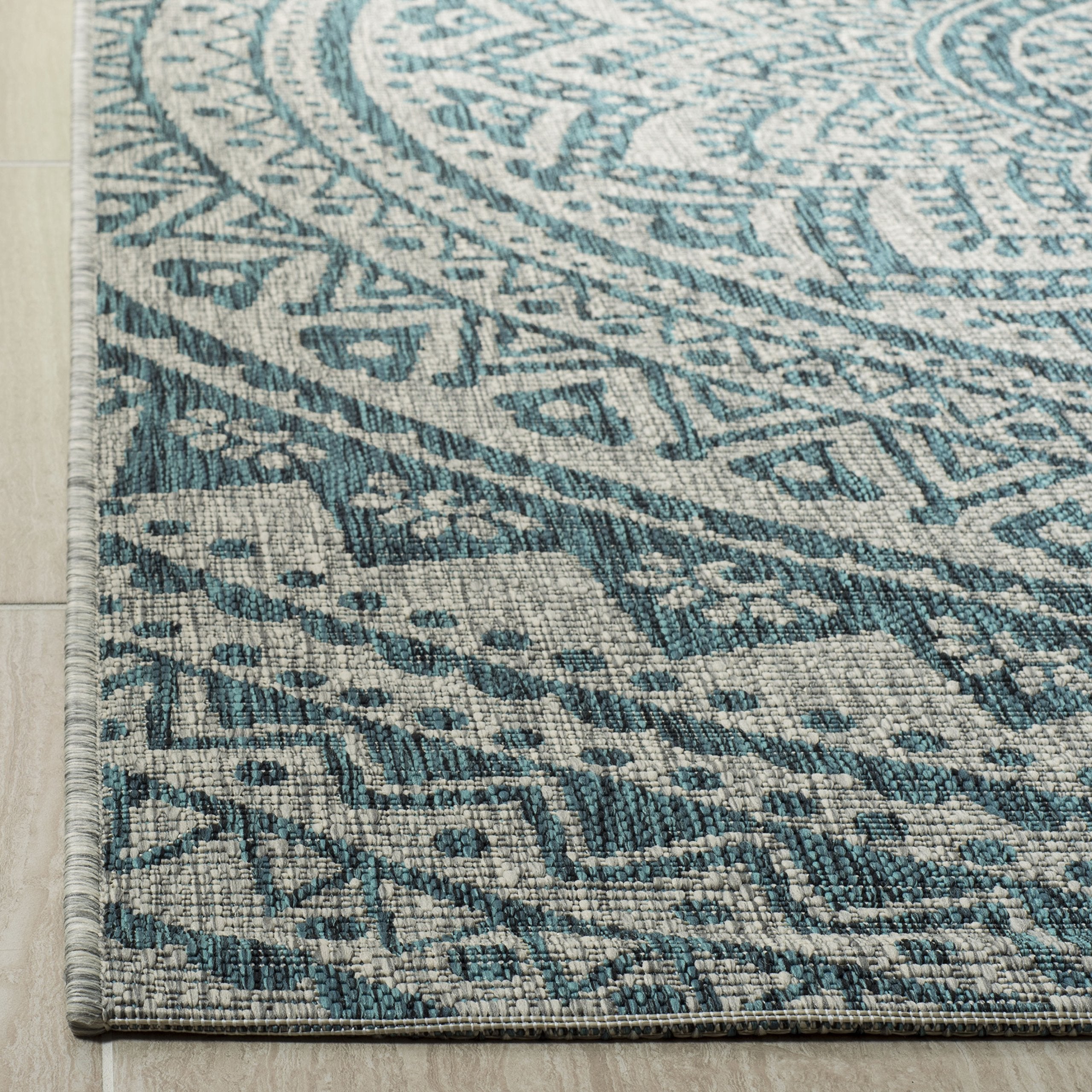 Safavieh Courtyard Collection 5'3' Square Light Grey / Teal Cy8734 Indoor/ Outdoor Waterproof Easy Cleaning Patio Backyard Mudroom Area Rug