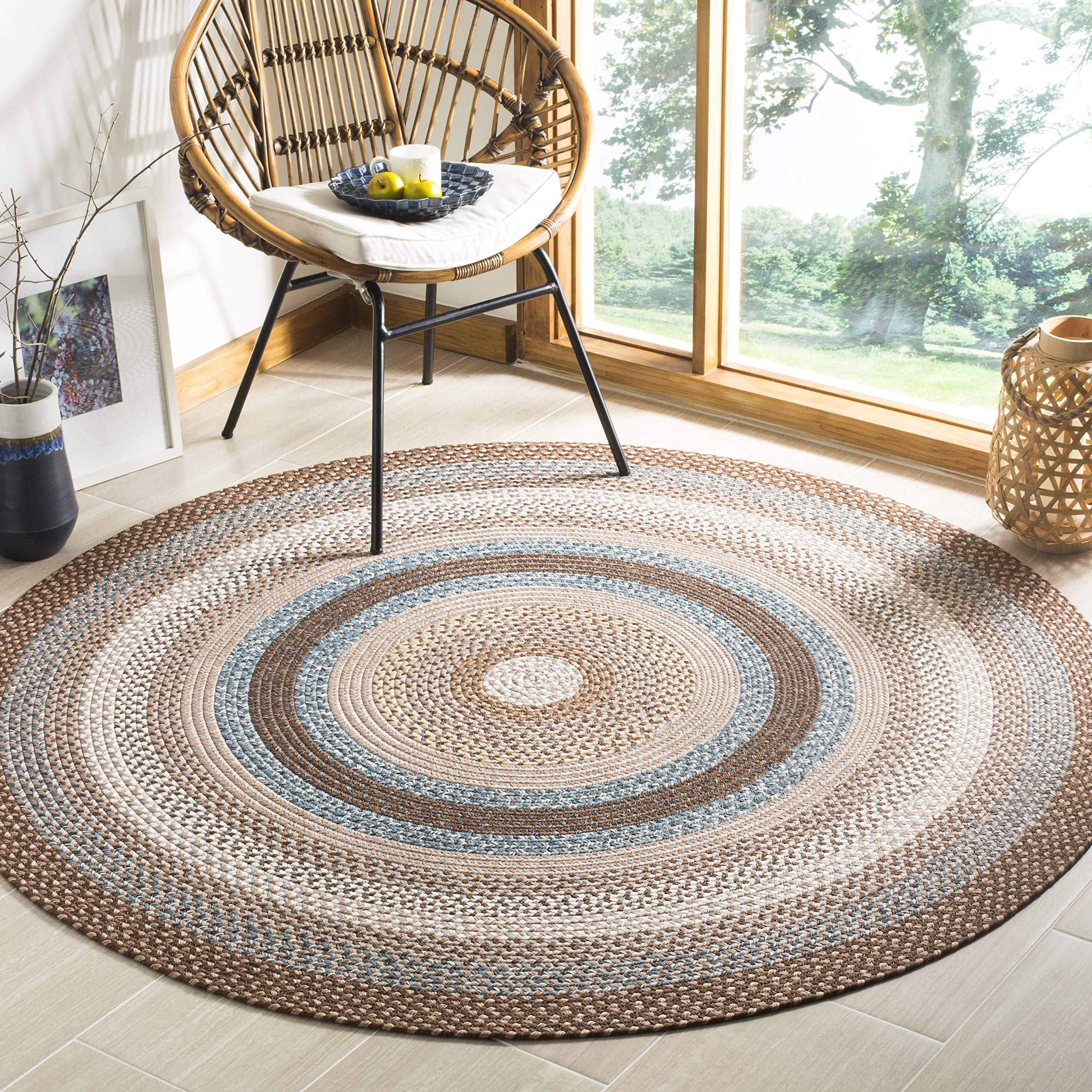 SAFAVIEH Braided Collection Area Rug - 7 Round, Brown & Multi, Handmade, Indoor/Outdoor & Washable, Ideal for Patio, Backyard, 