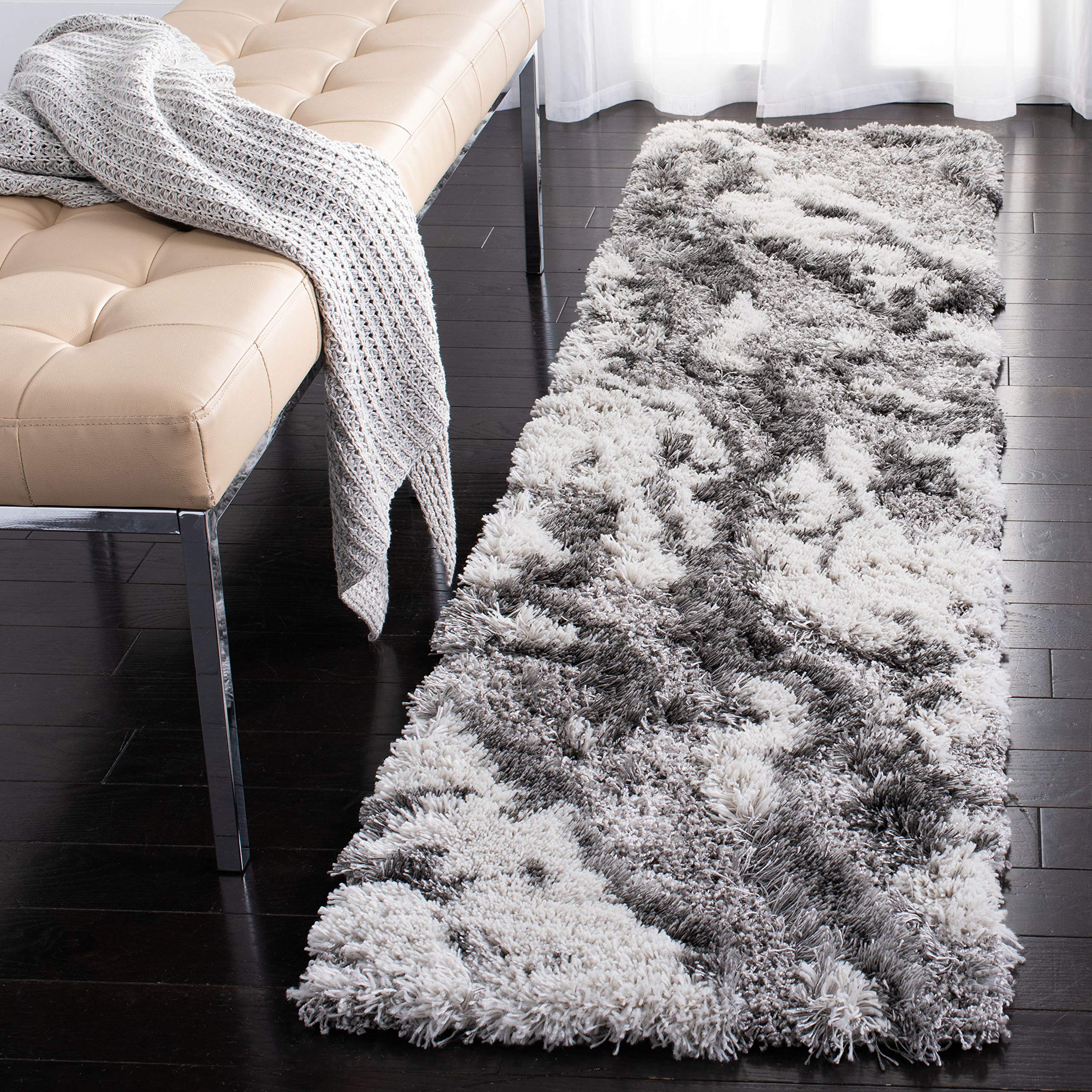 SAFAVIEH Horizon Shag Collection Runner Rug - 2 x 15, Grey & Ivory, Modern Abstract Design, Plush 2.5-inch Thick, Ideal for Hi