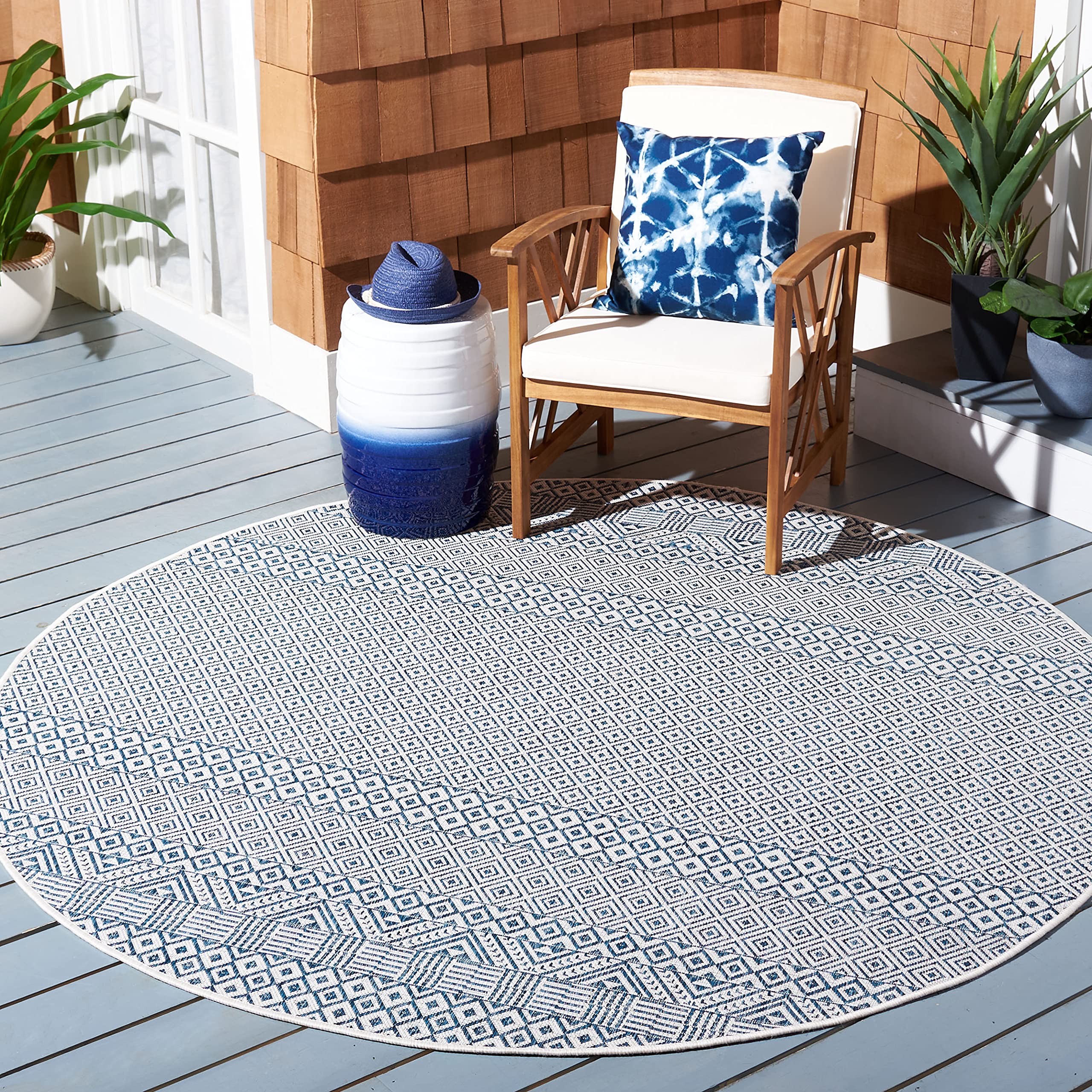 Safavieh Courtyard Collection 4' Round Blue/Navy Cy8235 Indoor/ Outside Waterproof Easy Cleansingpatio Backyard Mudroom Area Mat