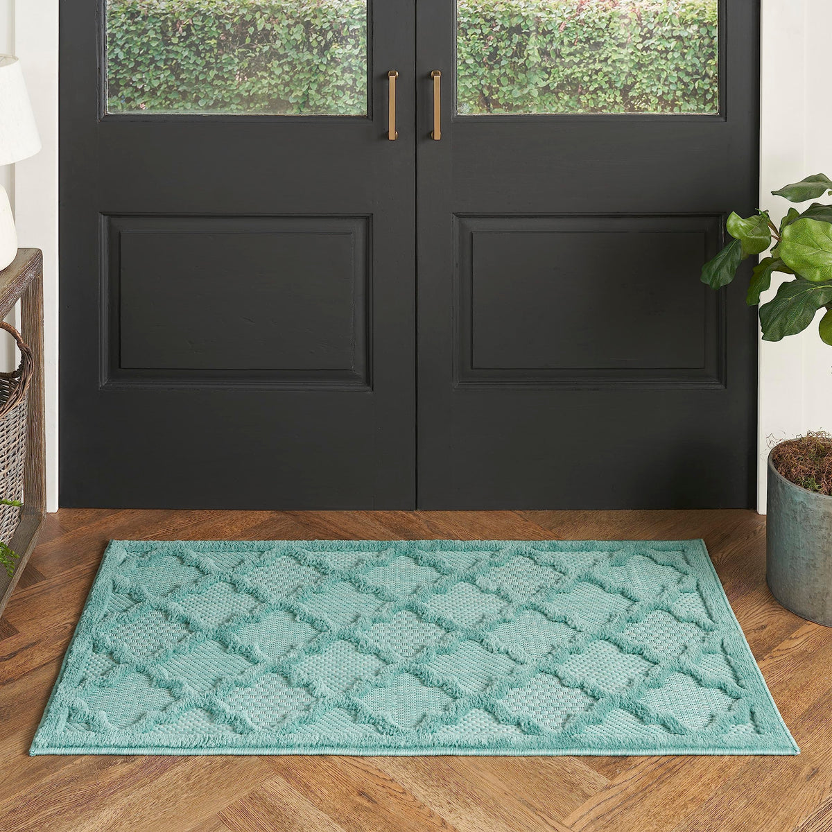 Nourison Easy Care Indoor/Outdoor Aqua/Teal 2' X 4' Area Rug, Easy Cleaning, Non Shedding, Bed Room, Living Room, Dining Room, Backyard, Deck, Patio (2X4)