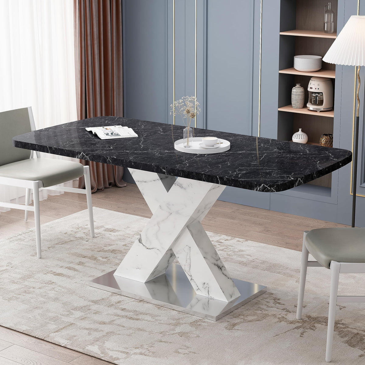 Lasadelgar Expandable Dining Table For 4, Extendable 47-63 Inch Modern Faux Marble Dining Room Table With Black Mdf Table Top Wh